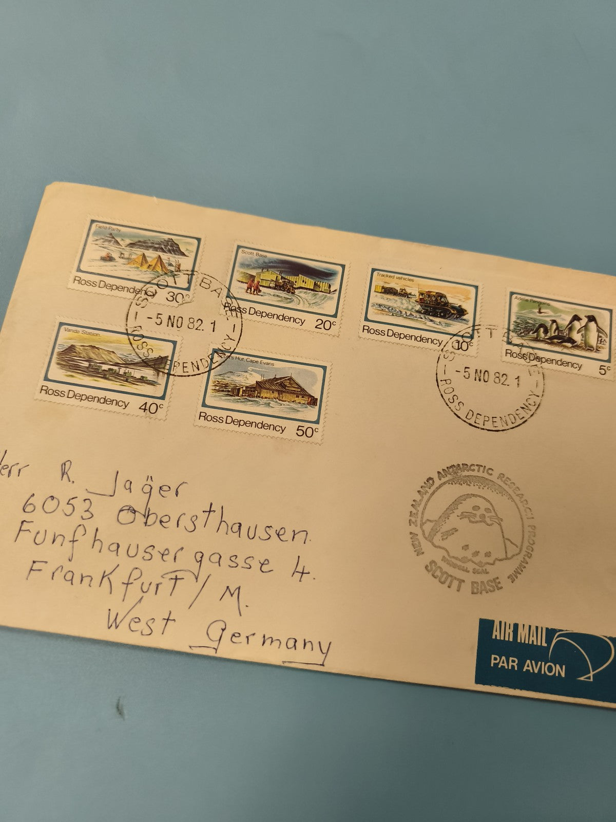 Ancienne enveloppe timbrée Ross Dependency 1982, oblitération Scott Base philaté