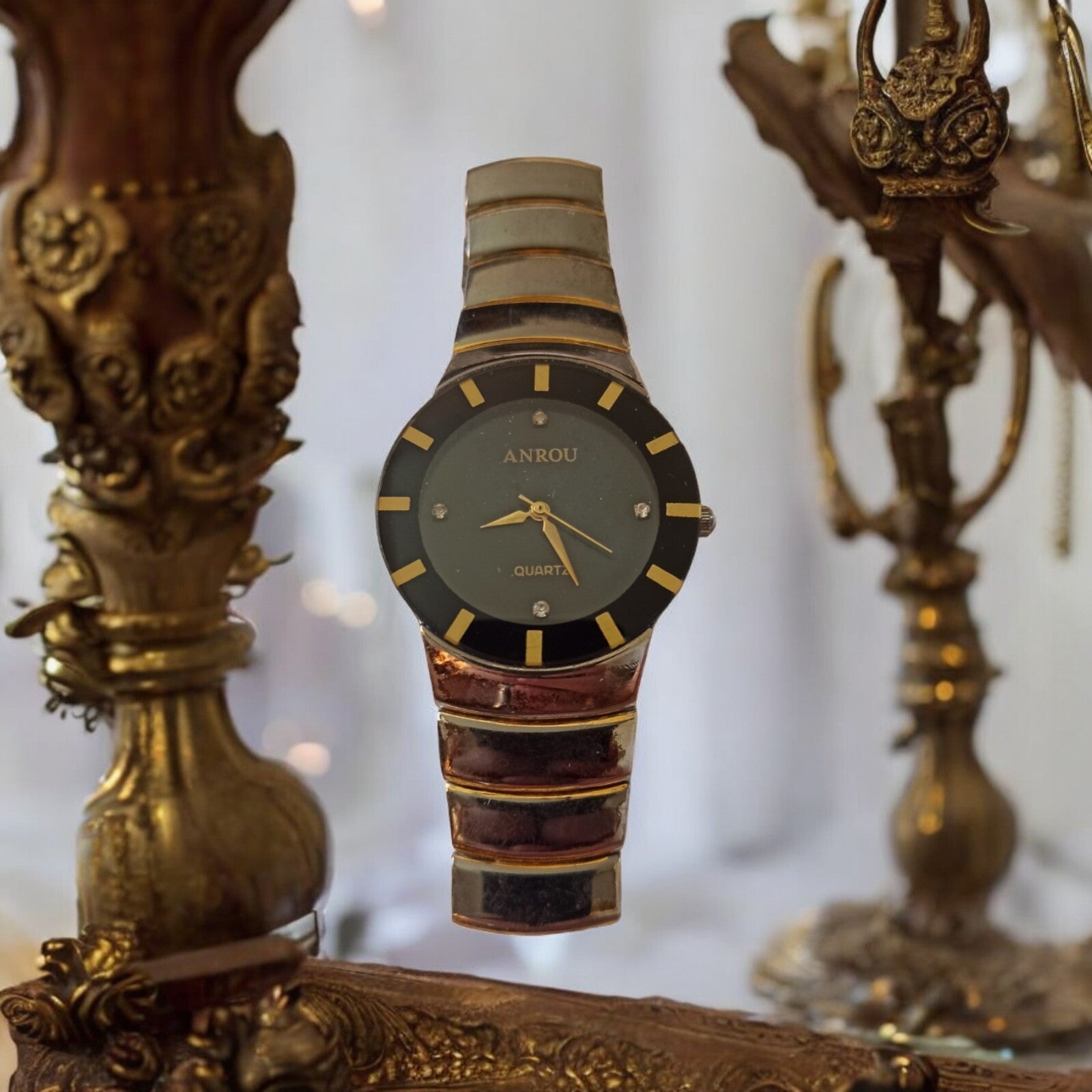 Montre femme ANROU quartz élégante, cadran noir doré, pile incluse