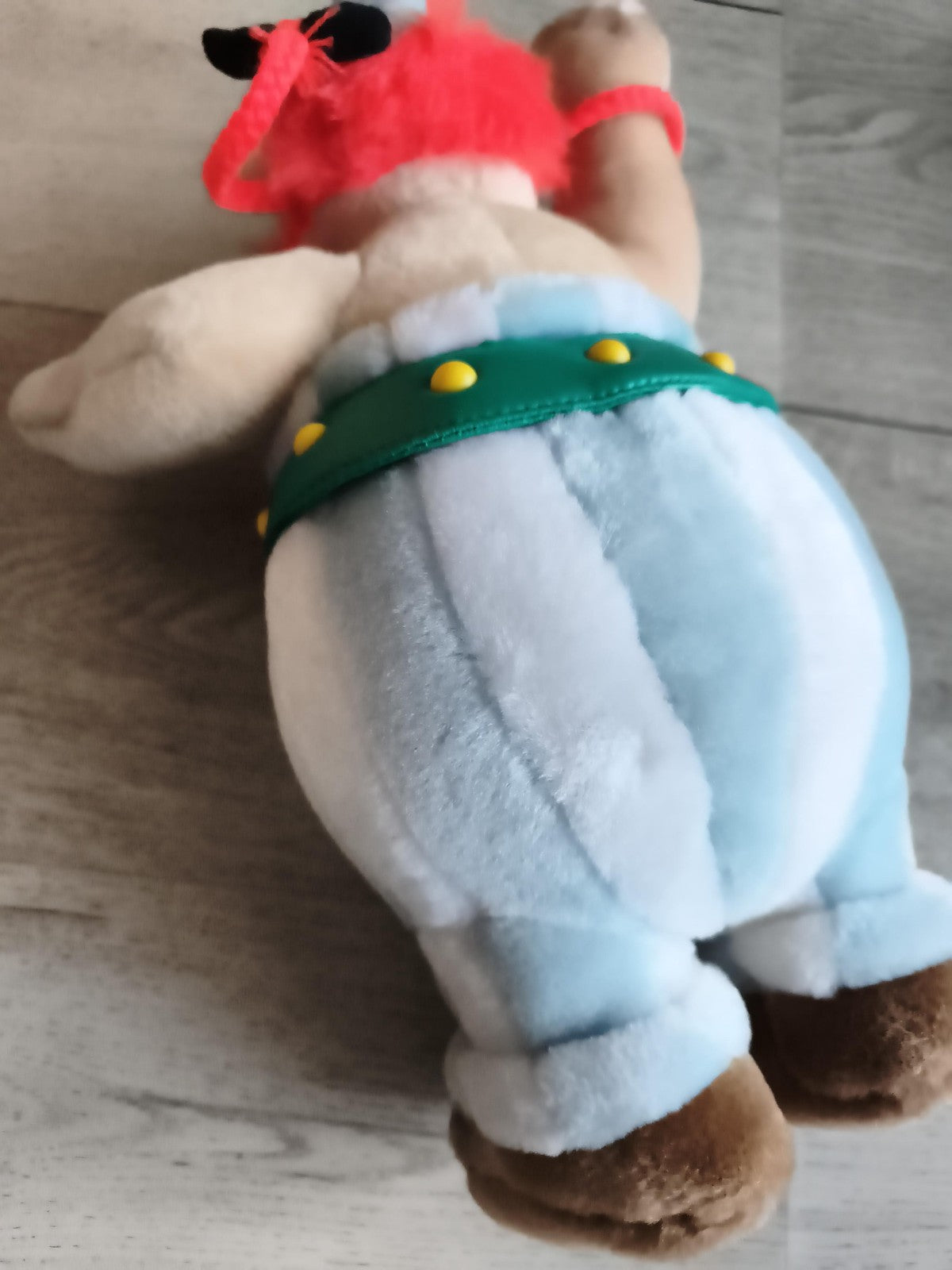 Peluche Obélix vintage Parc Astérix doudou bleu blanc rayé Gaulois