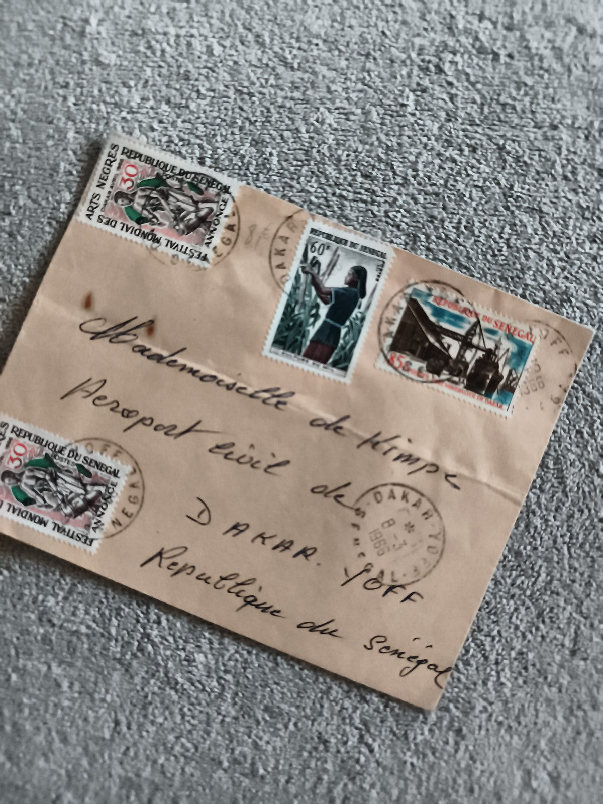 Lettre affranchie Sénégal 1955, 3 timbres arts, agriculture, industriel, philaté