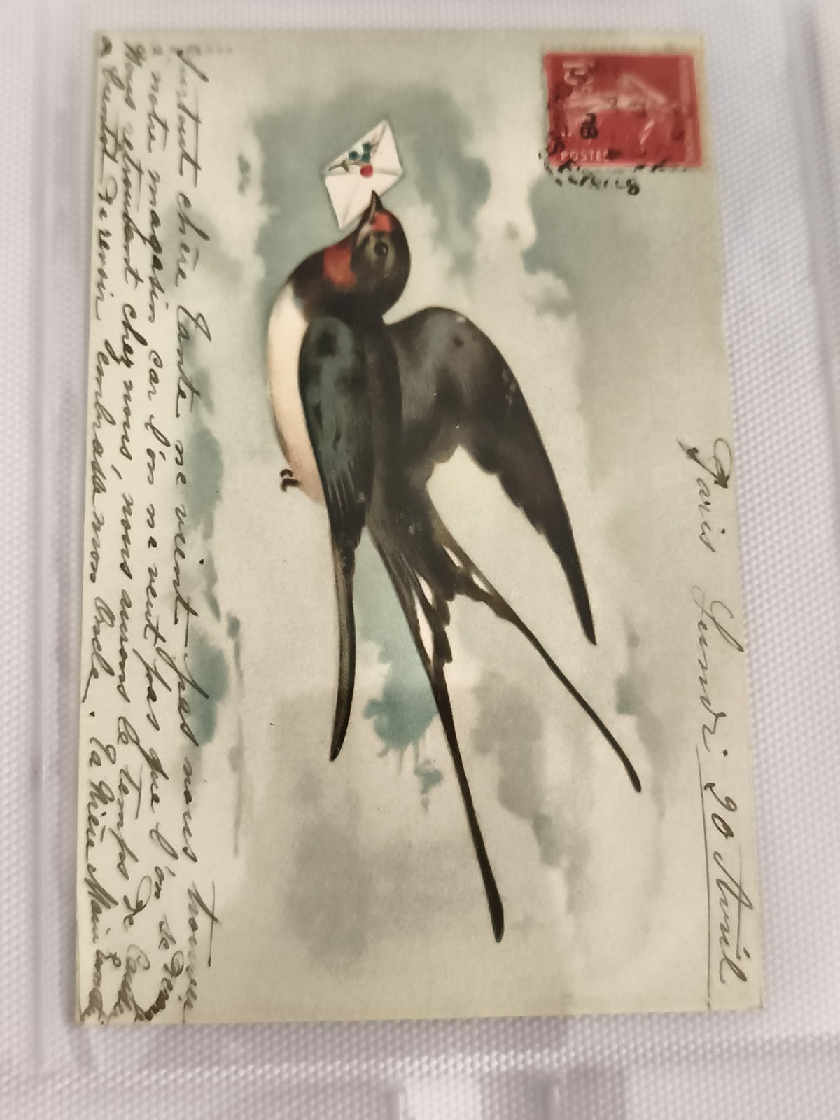 Carte postale ancienne hirondelle lettre CPA illustrée timbre rouge