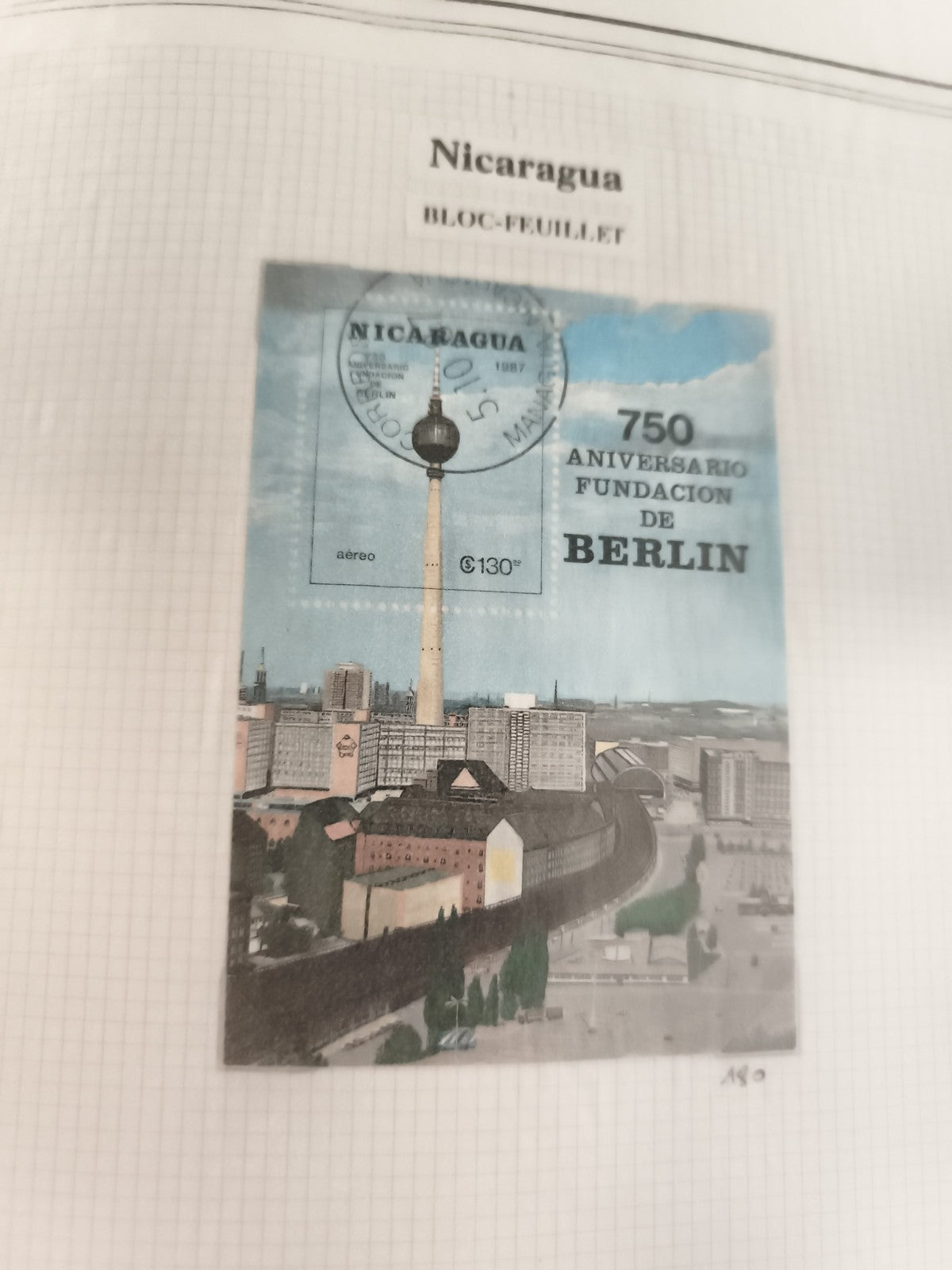 Bloc-feuillet timbre Nicaragua Berlin 1987 oblitéré 750 aniversario ancien phila