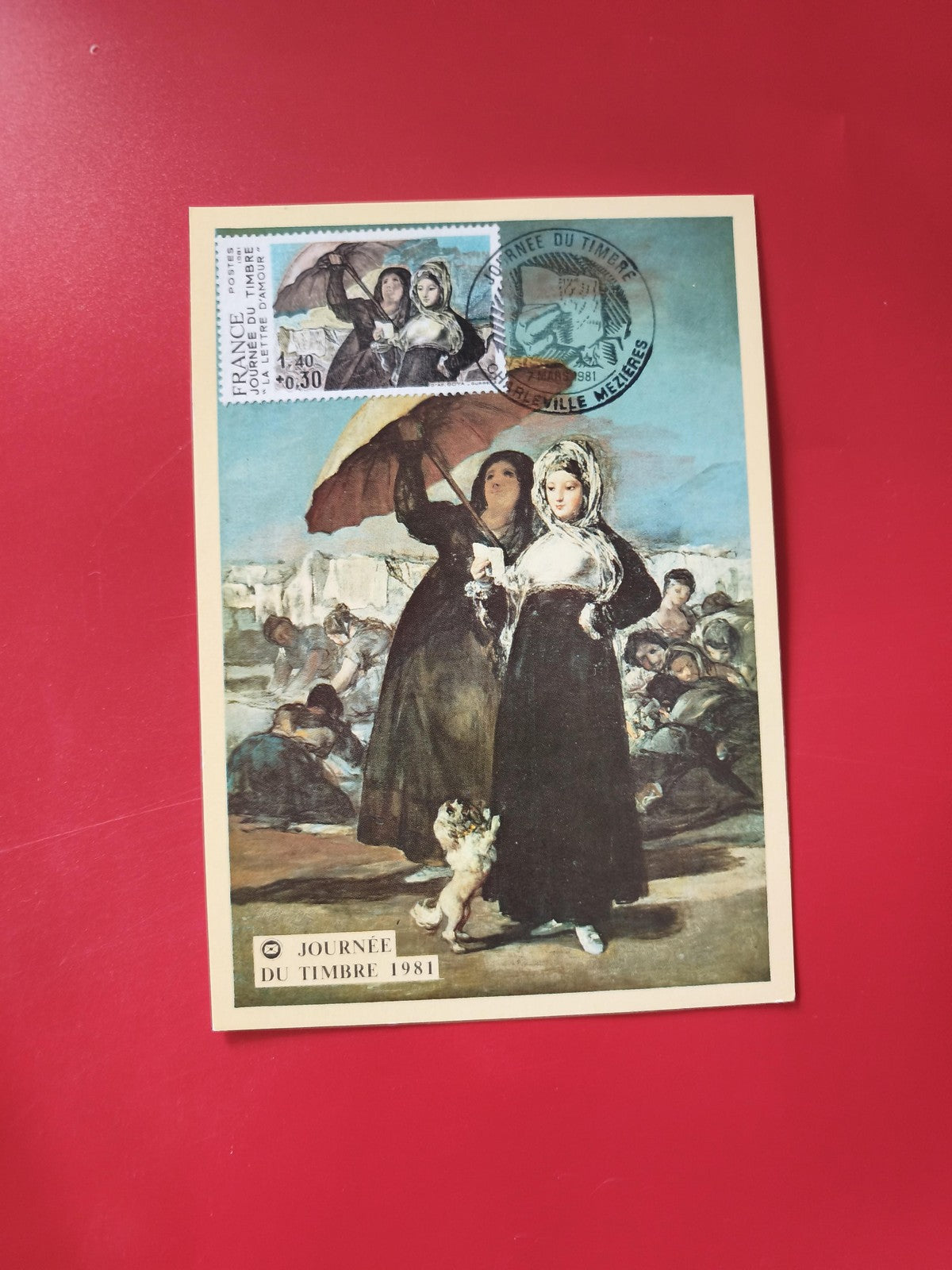 Carte postale philatélie Journée du Timbre 1981 illustration femmes parapluie