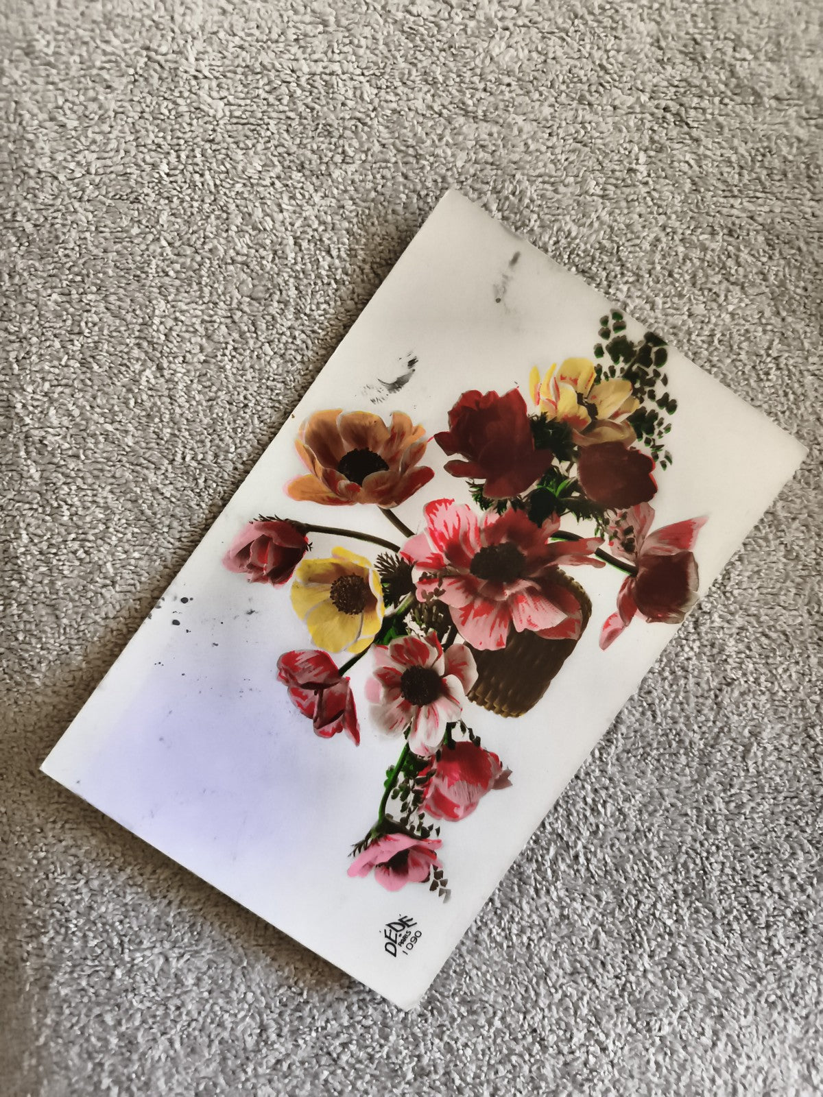 Carte postale illustrée fleurs panier, CPA, décor signé Défi 1960