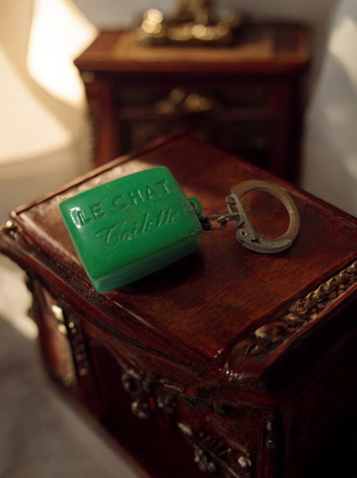 Porte-clés publicitaire vintage Le Chat Toilette vert rétro