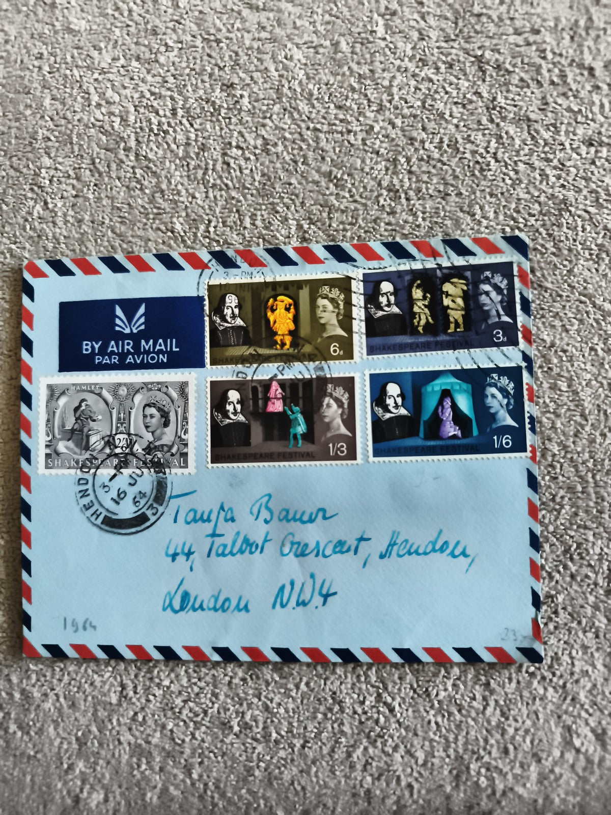 Lettre affranchie GB 1964 Shakespeare Festival, enveloppe Air Mail, timbres phil