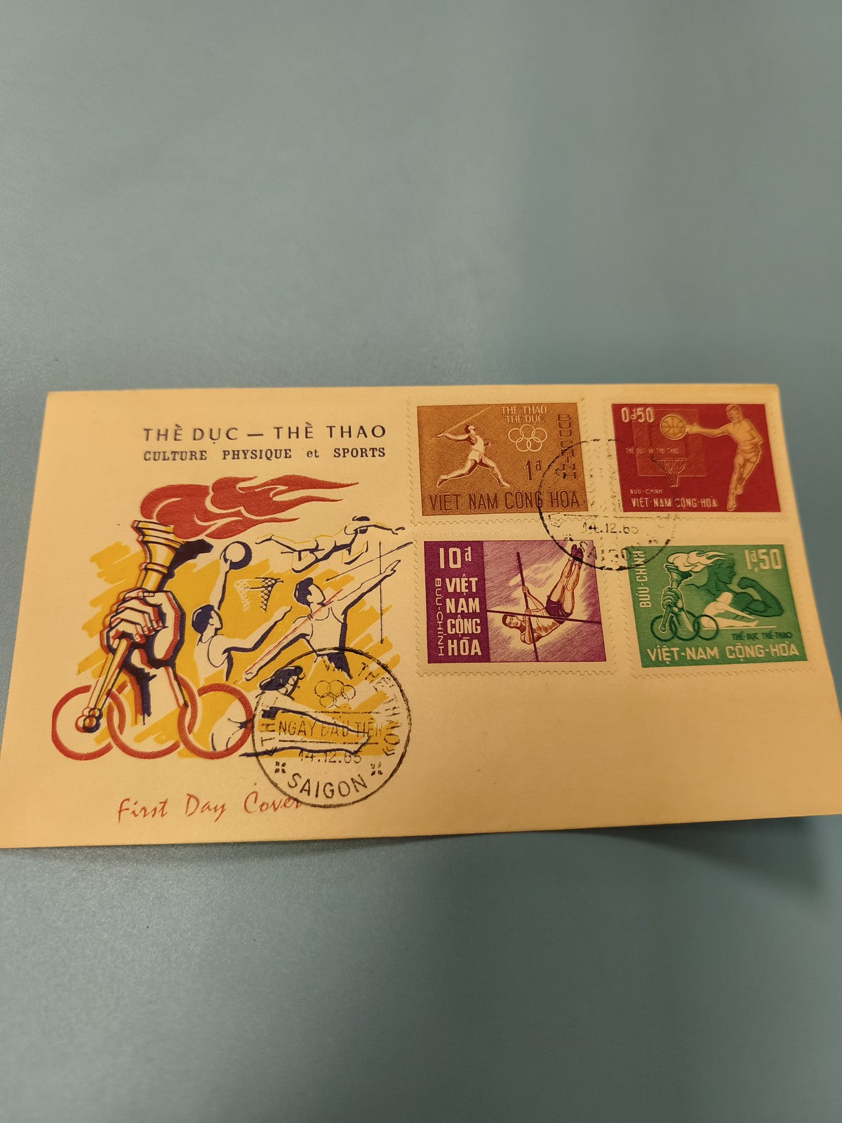 Ancienne enveloppe FDC Vietnam sports 1965 timbres illustrés Saigon