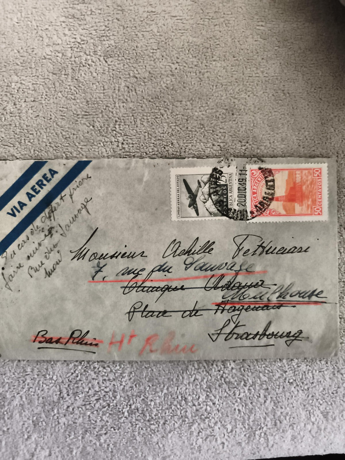 Lettre affranchie Argentine 1941, timbres avion et monument, Strasbourg, philaté