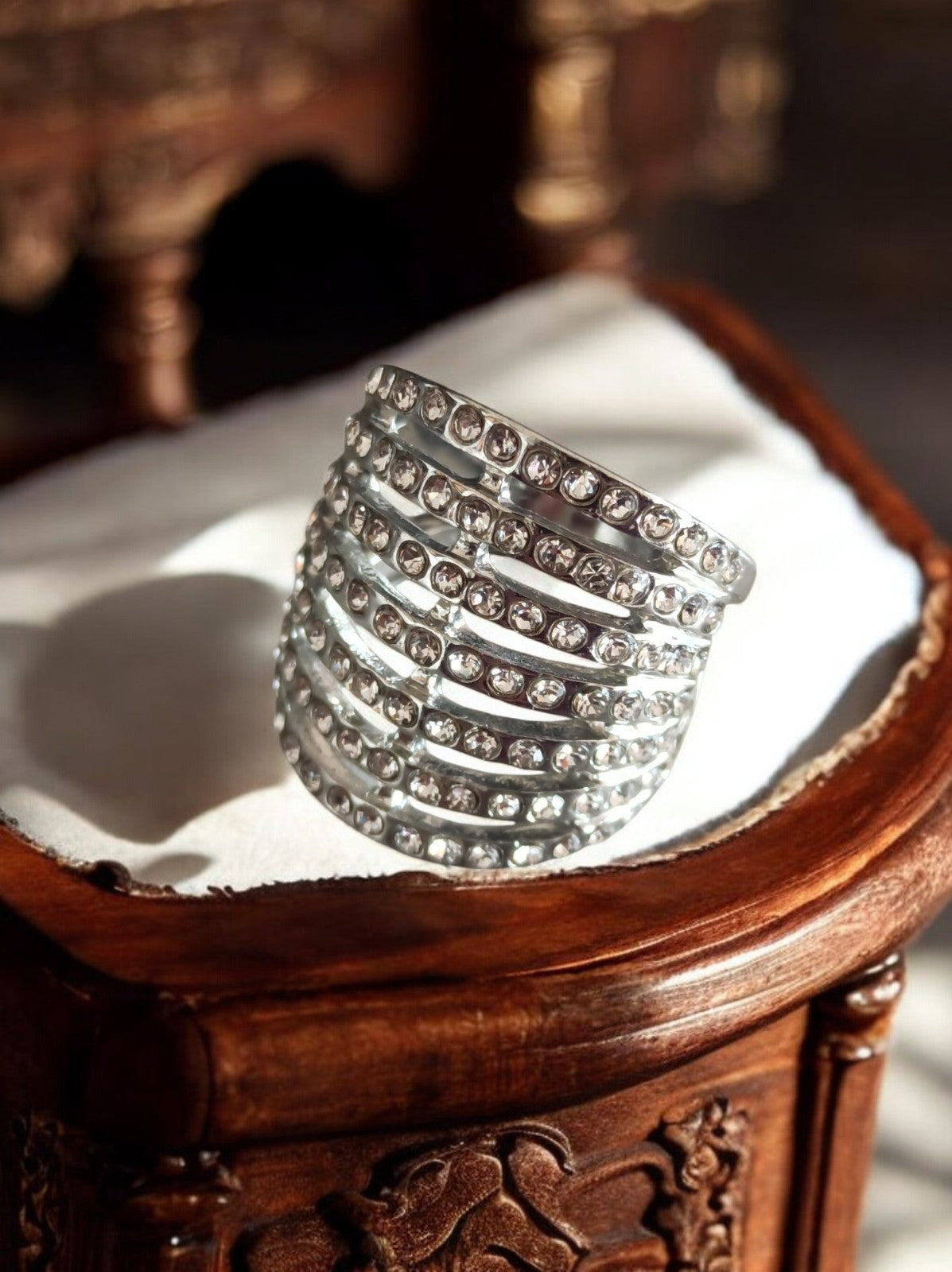 Bague fantaisie vintage créateur taille 55 large strass argenté original