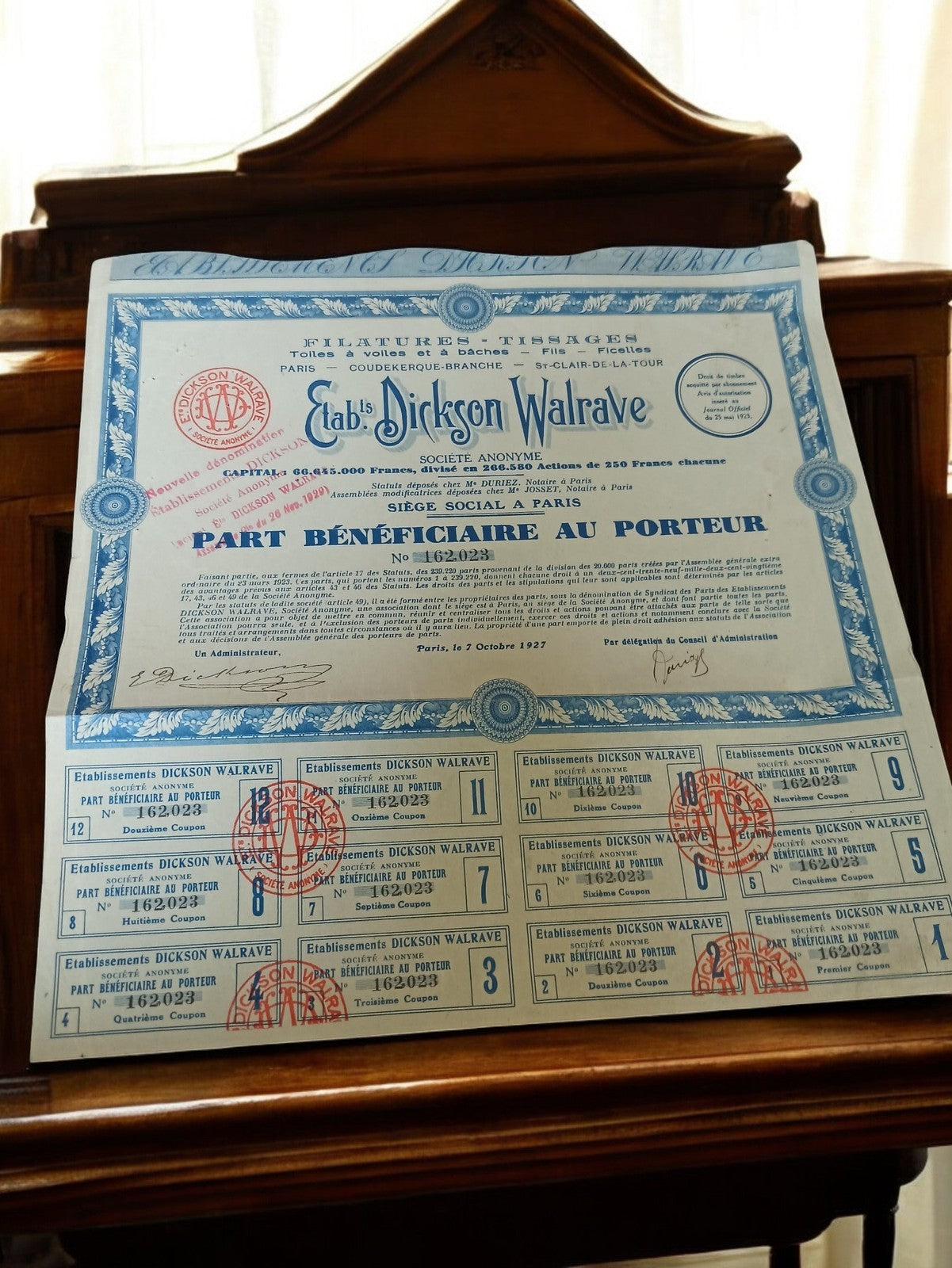 Part bénéficiaire au porteur Dickson Walrave 1927 document financier ancien