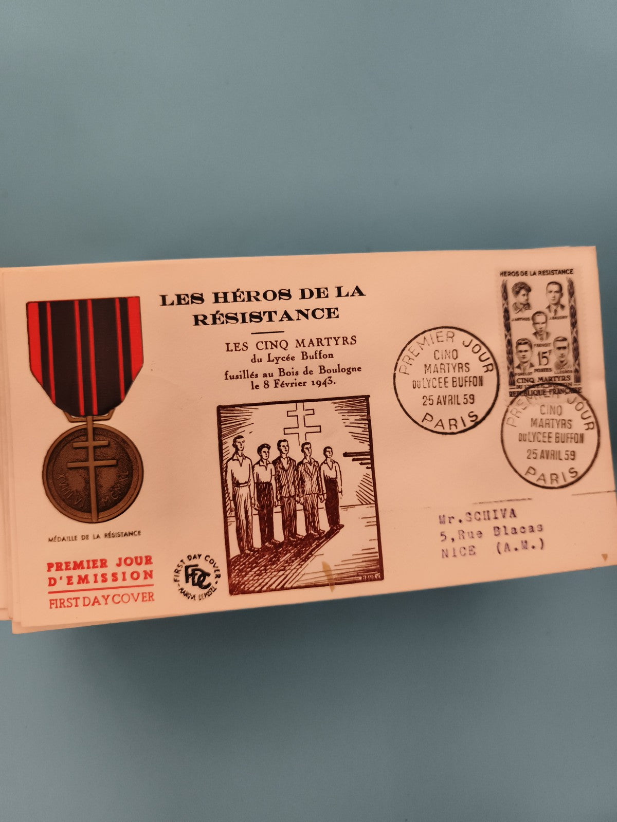 Lettre 1er Jour Héros Résistance 1959 Cinq Martyrs Buffon Paris cachet