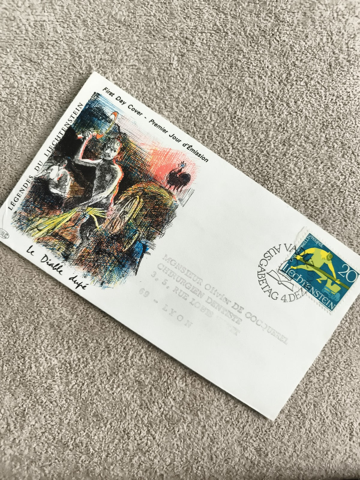 Enveloppe Premier Jour Liechtenstein Légendes Le Diable, FDC timbre 20