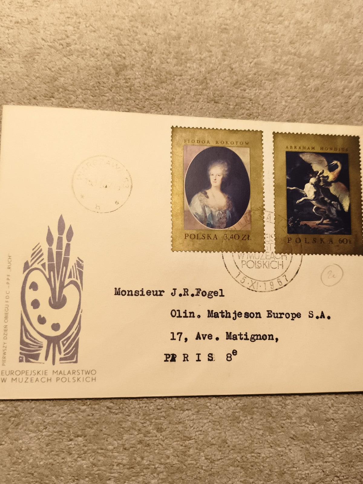 Lettre premier jour Pologne 1967 timbres peinture Fiodor Rokotow Hondius (Ref 10