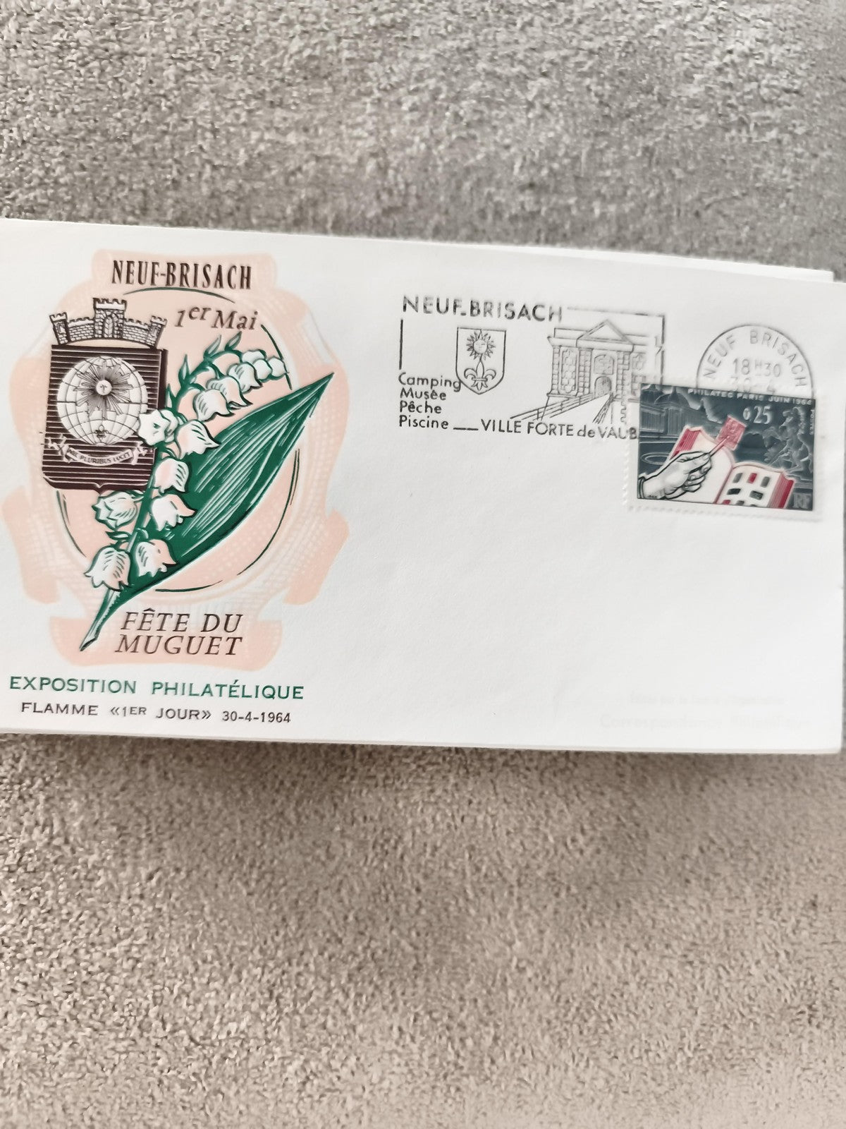 Lettre 1er jour Neuf-Brisach 1964 Fête du Muguet Exposition philatélique