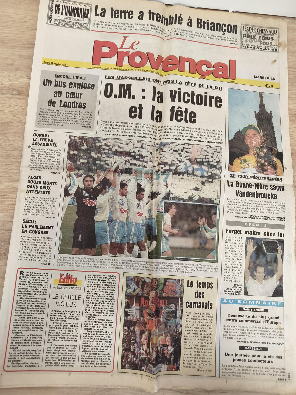 Ancien journal Le Provençal OM victoire D2 1996 football Marseille vintage