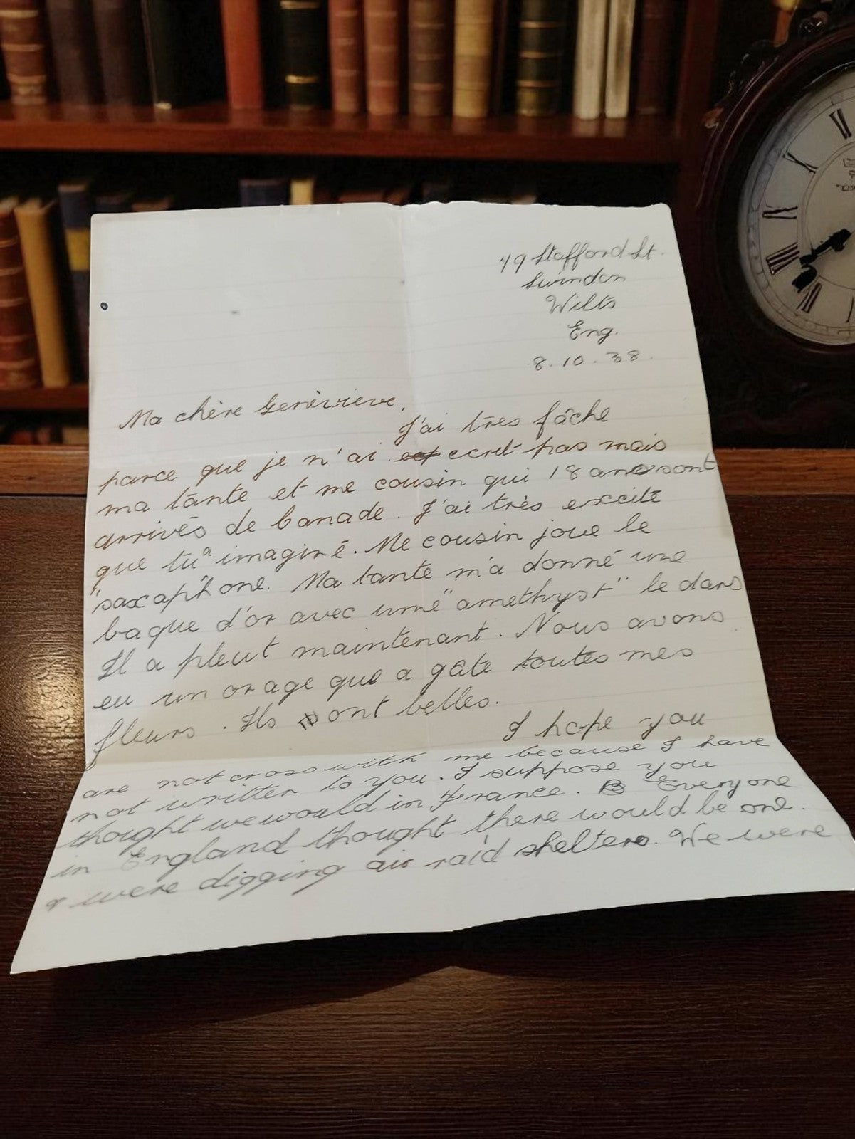Lettre manuscrite ancienne 1938 pré-WW2 à Geneviève, écriture anglaise et frança