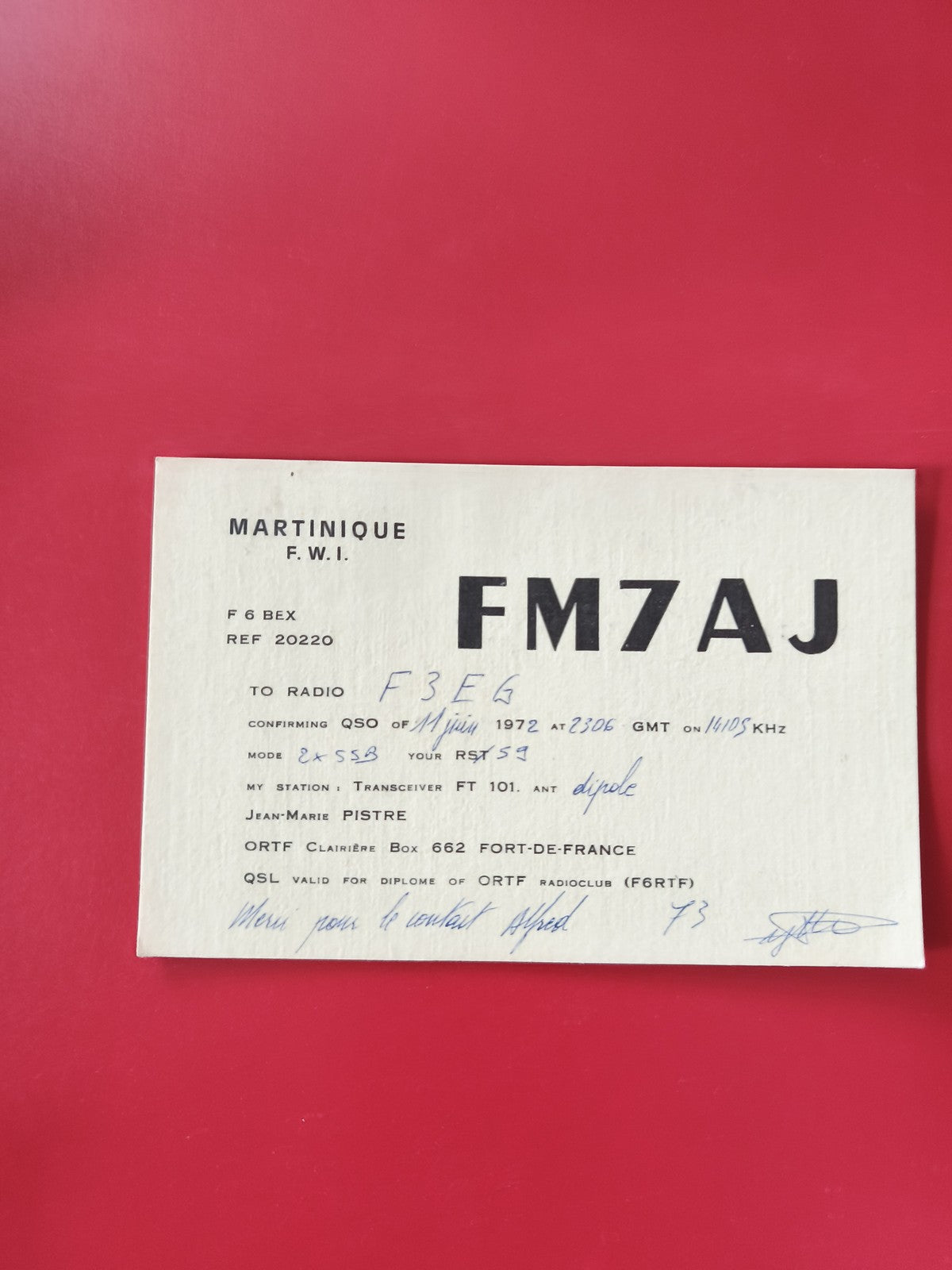 Carte radio QSL FM7AJ Martinique FWI avec inscription manuscrite
