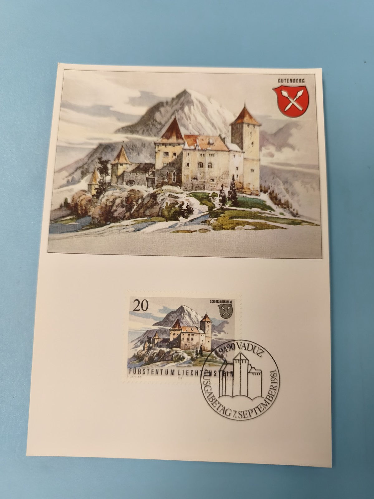 Carte postale philatélie Liechtenstein château de Gutenberg timbre 1981