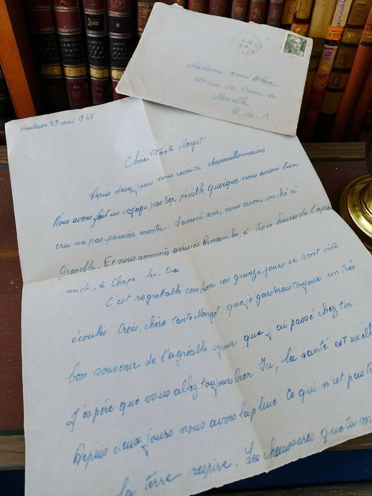 Lettre manuscrite ancienne 1945 + enveloppe bleue vintage écriture bleue rétro