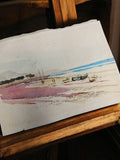 Aquarelle ancienne plage bateaux signée Roger Latre vintage paysage marin