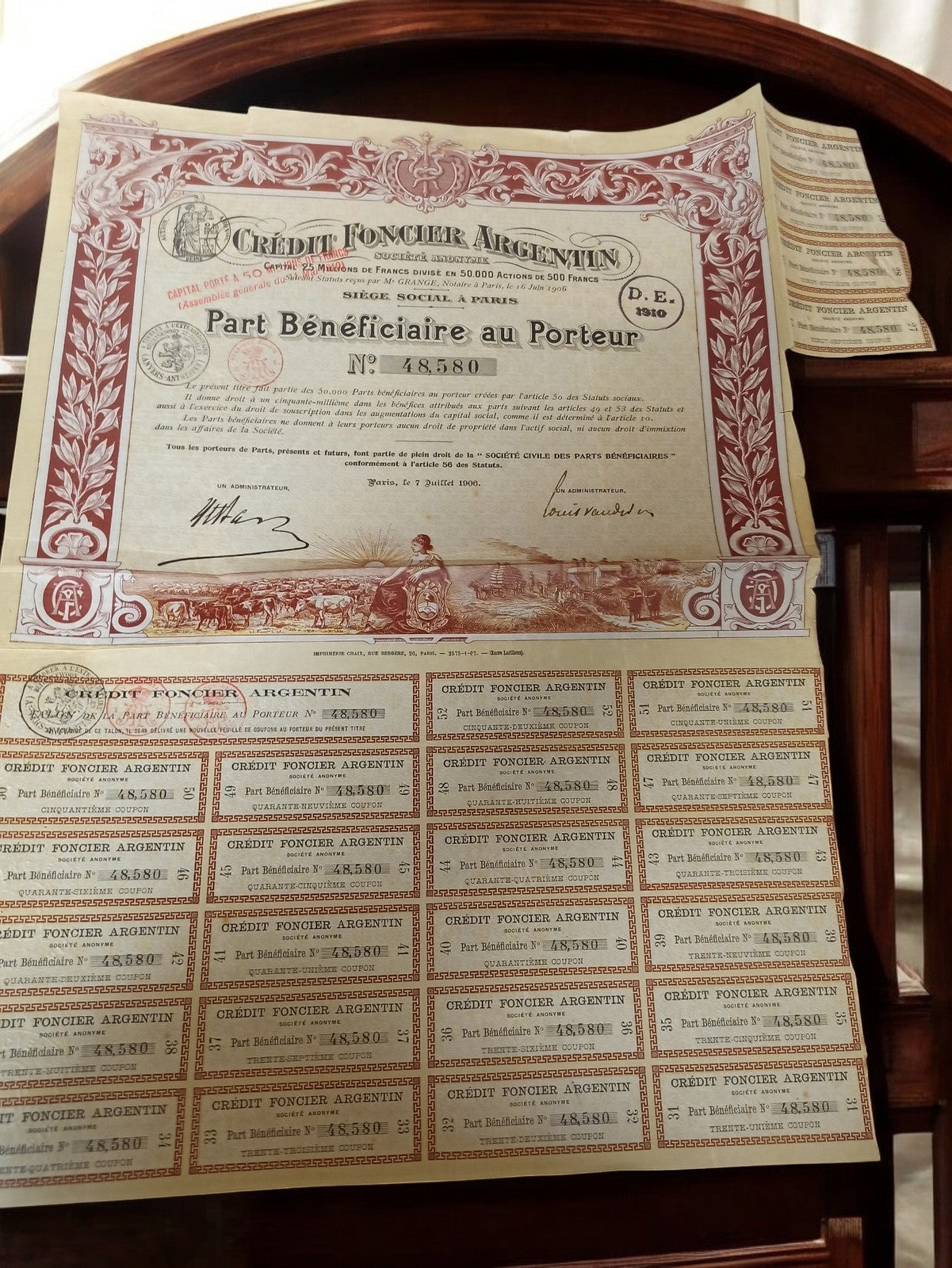 Action au porteur Crédit Foncier Argentin 1900 document financier ancien vintage