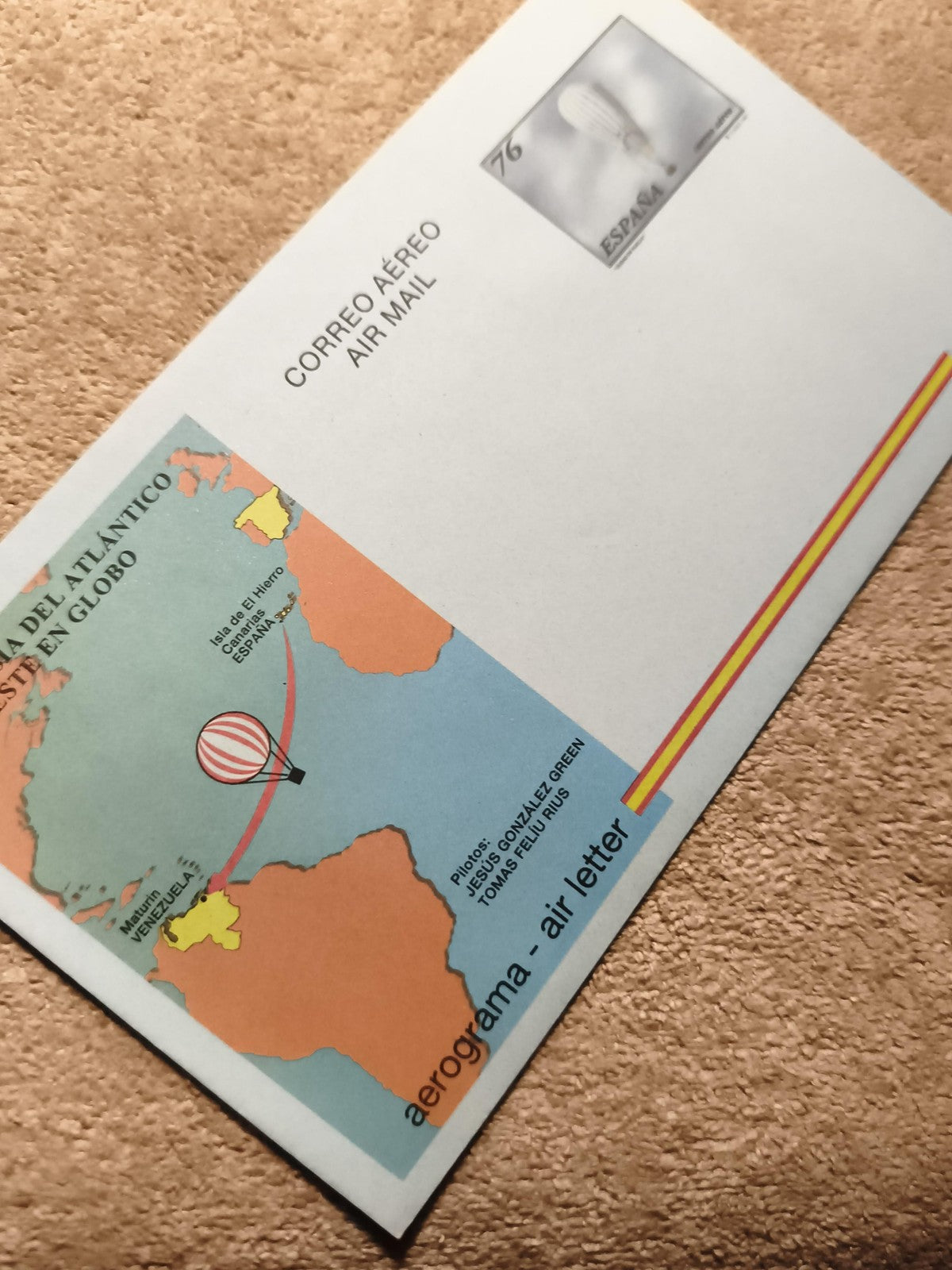 Aerogramme Espagne 1976 ballon traversée Atlantique, map Venezuela, philatélie (