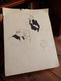 Dessin ancien à l’encre, caricatures signées, œuvre originale vintage