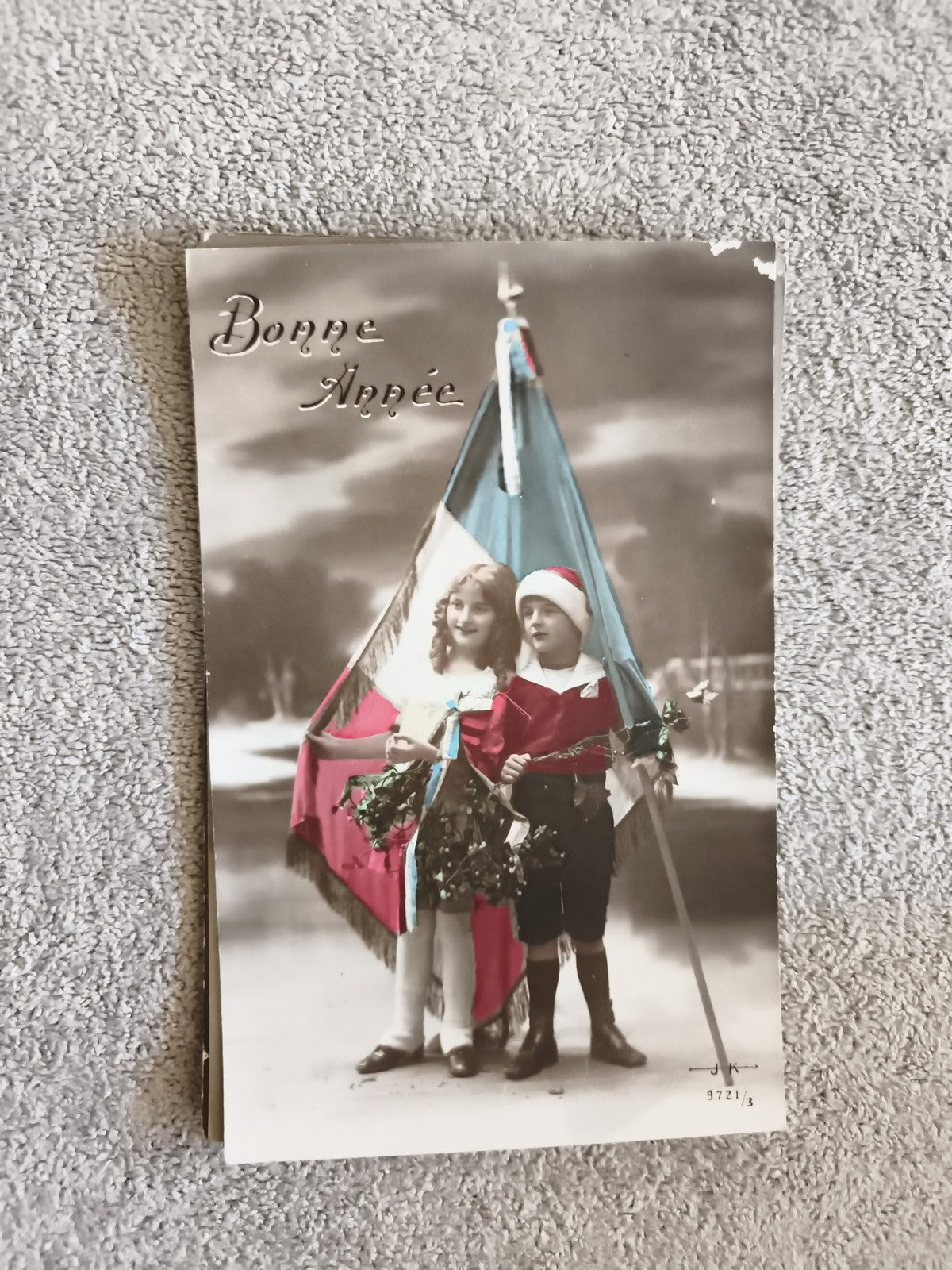 Carte postale Bonne Année enfants drapeau tricolore CPA début XXe