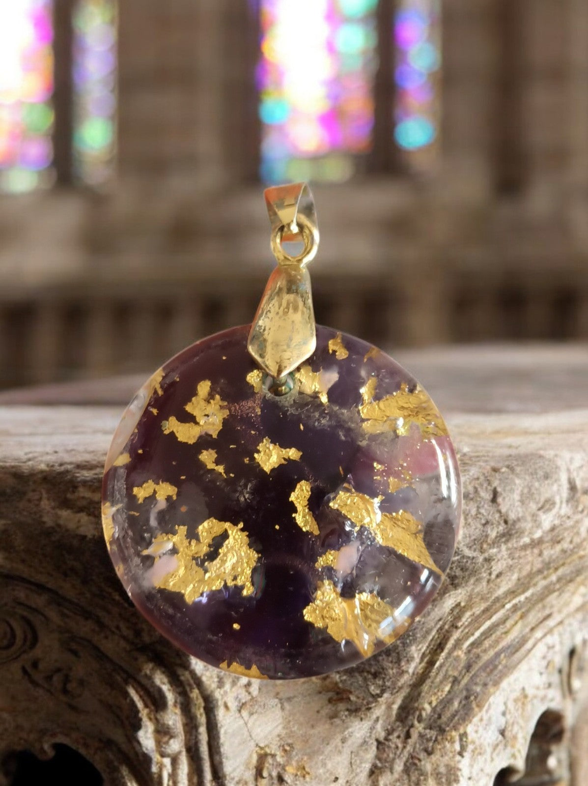 Pendentif vintage rond feuilles d'or authentiques violet doré médaillon bijou ré