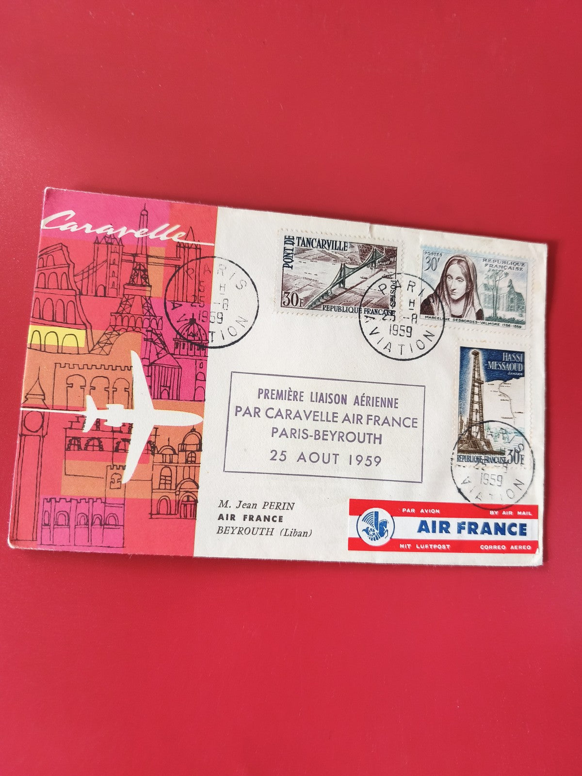 Enveloppe philatélie Air France Caravelle Paris-Beyrouth 1959 cachets timbres