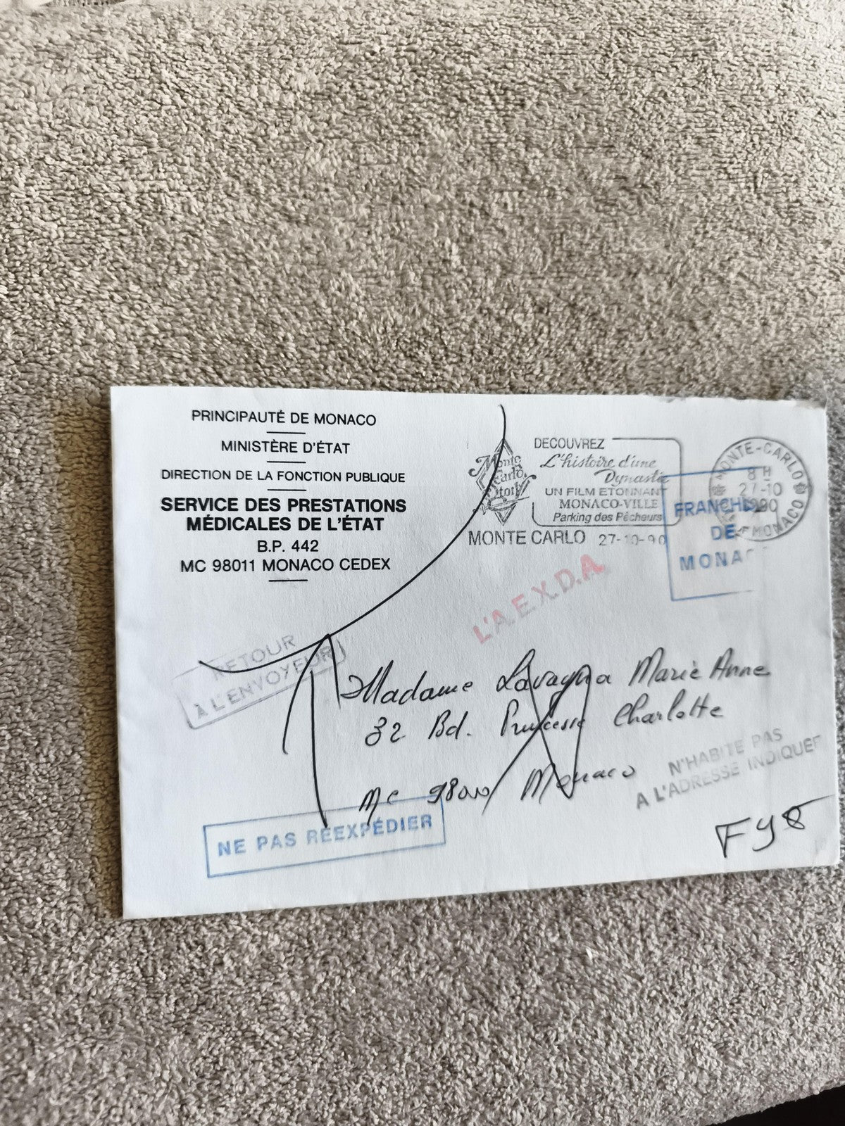 Lettre administrative Monaco affranchissement 1990 cachets philatélie