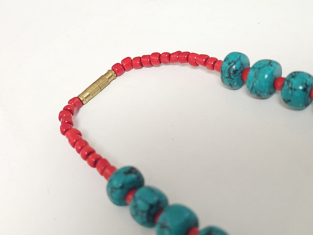 Collier tibétain perles turquoise corail 49g bijou ethnique artisanal femme