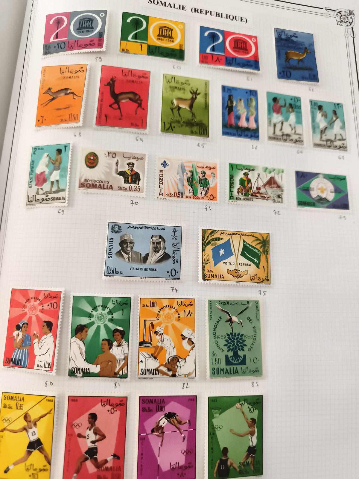 Timbres Somalie thématiques sport, faune, scouts, ONU, années 60 philatélie