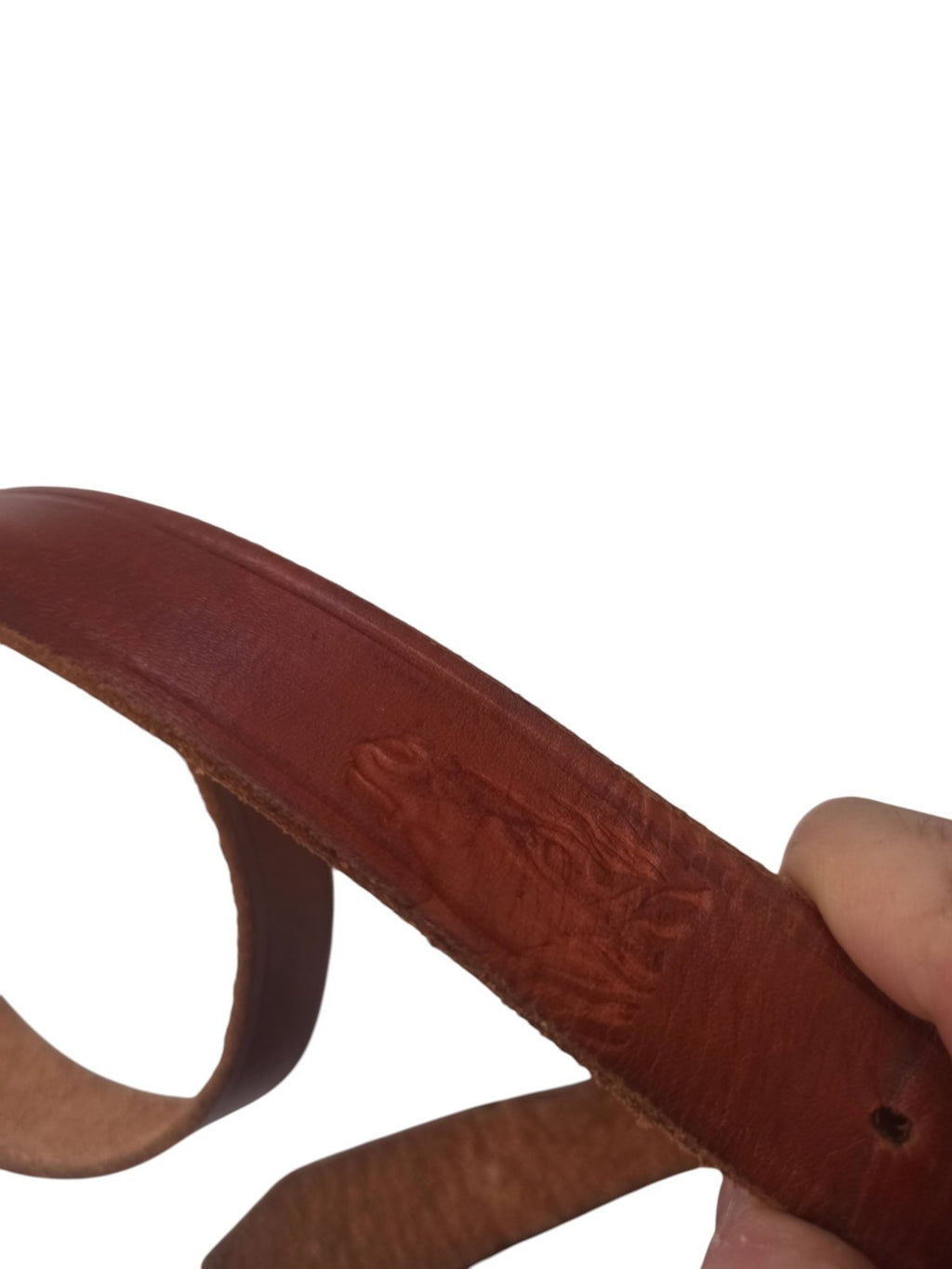 Ceinture vintage cuir véritable brun gravé cheval, boucle métal patinée