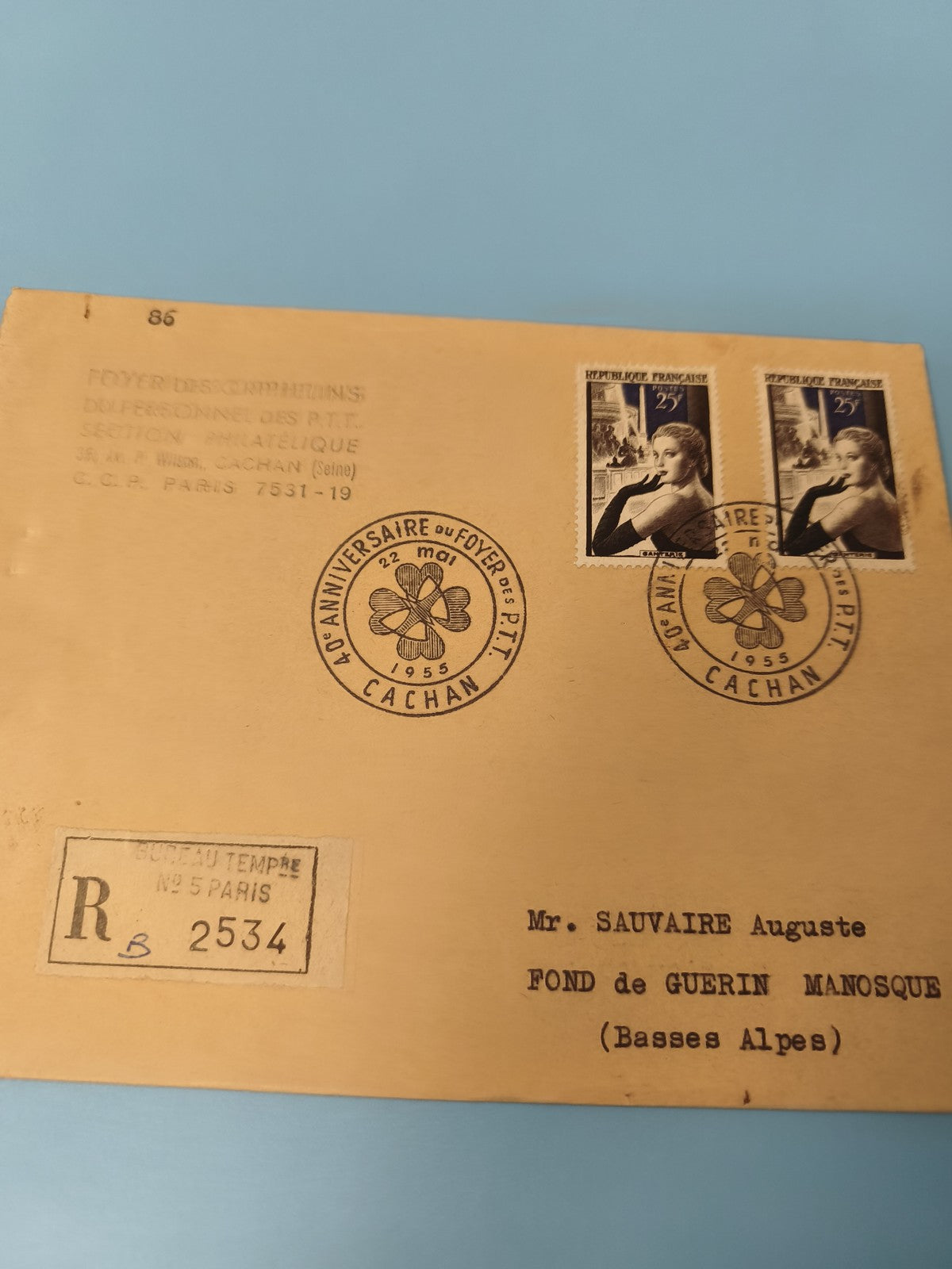 Ancienne enveloppe philatélie 1955 Foyer PTT Cachan timbres 25F recommandée