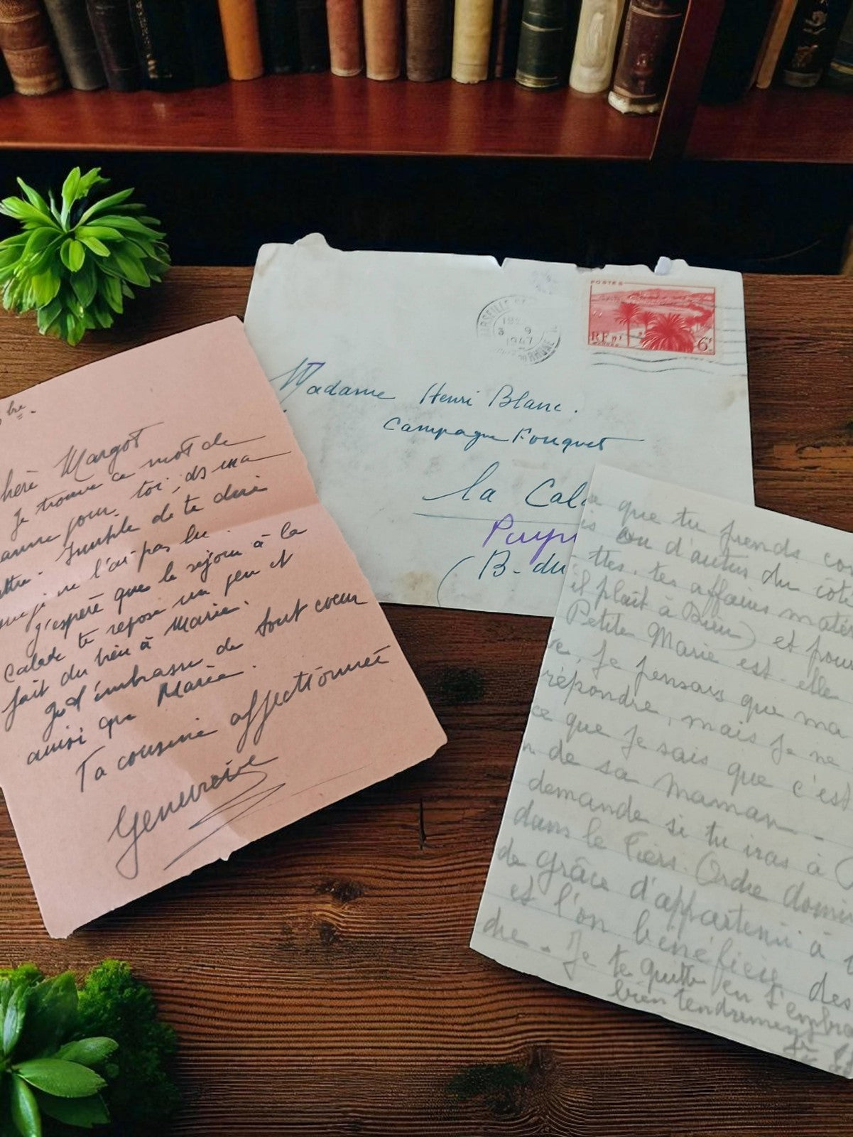Lettre manuscrite ancienne 1947 + enveloppe, écriture bleue, vintage post-WW2