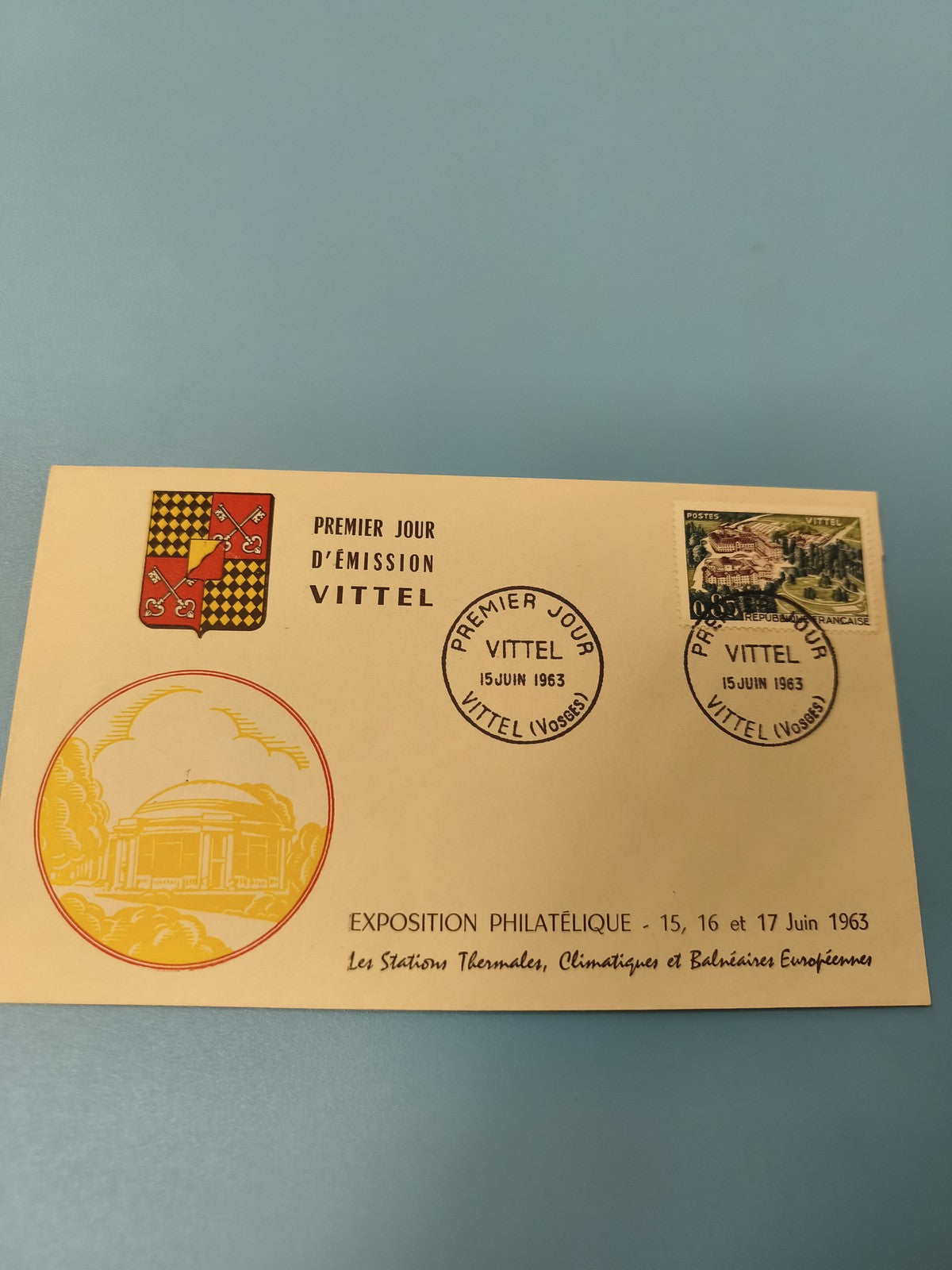 Ancienne enveloppe philatélie Vittel 1963 premier jour émission cachet expositio