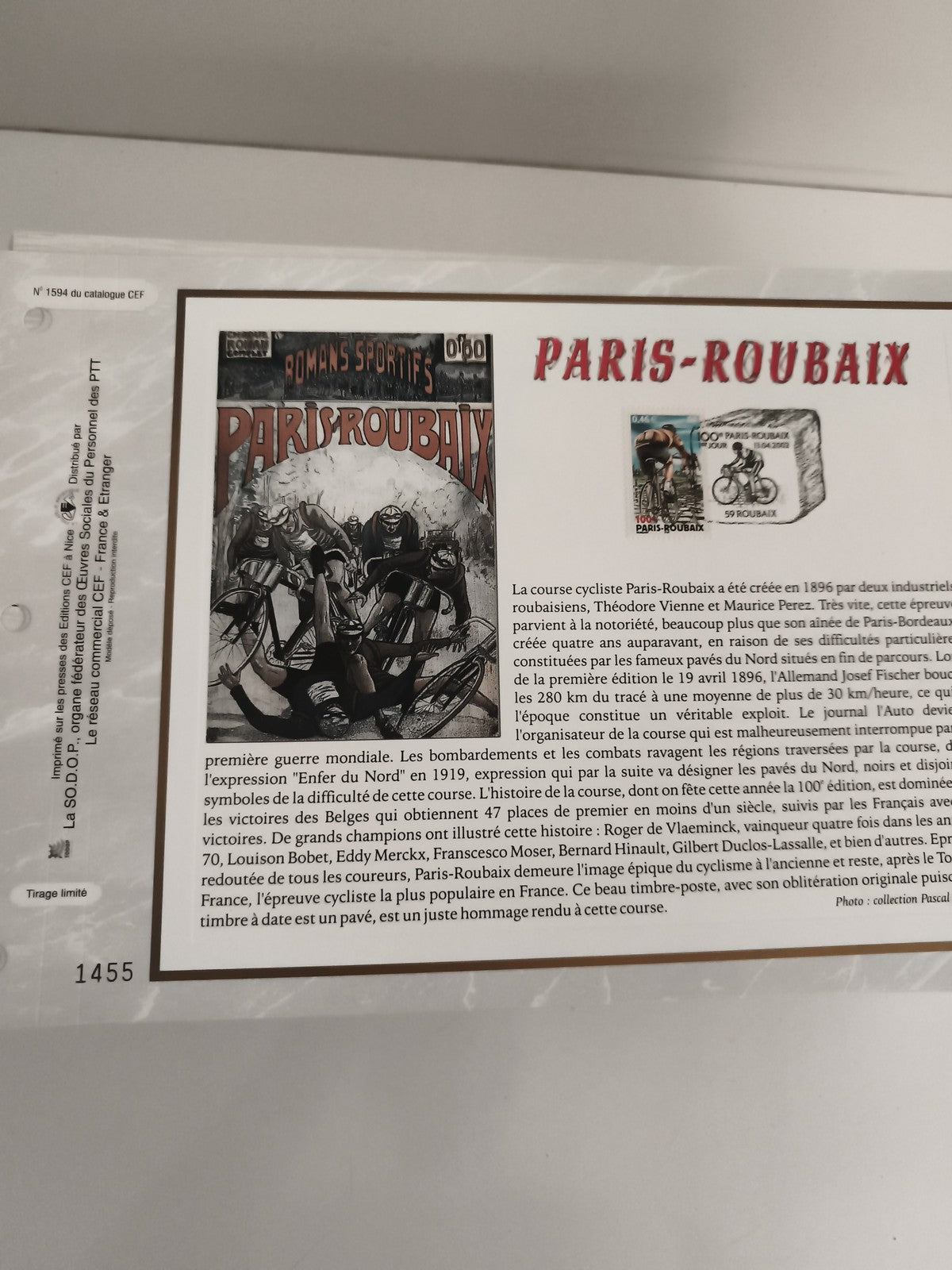 Feuillet CEF Paris-Roubaix philatélie cyclisme timbre oblitéré édition limitée