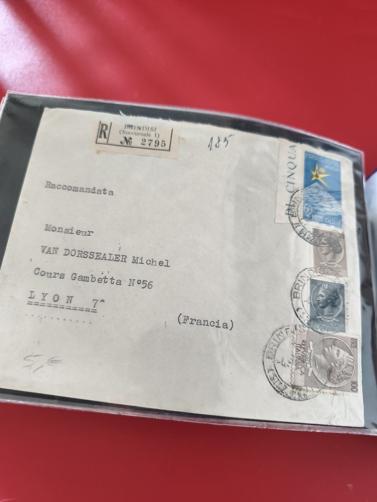Ancienne enveloppe oblitérée Italie vers France, recommandée philatélie vintage
