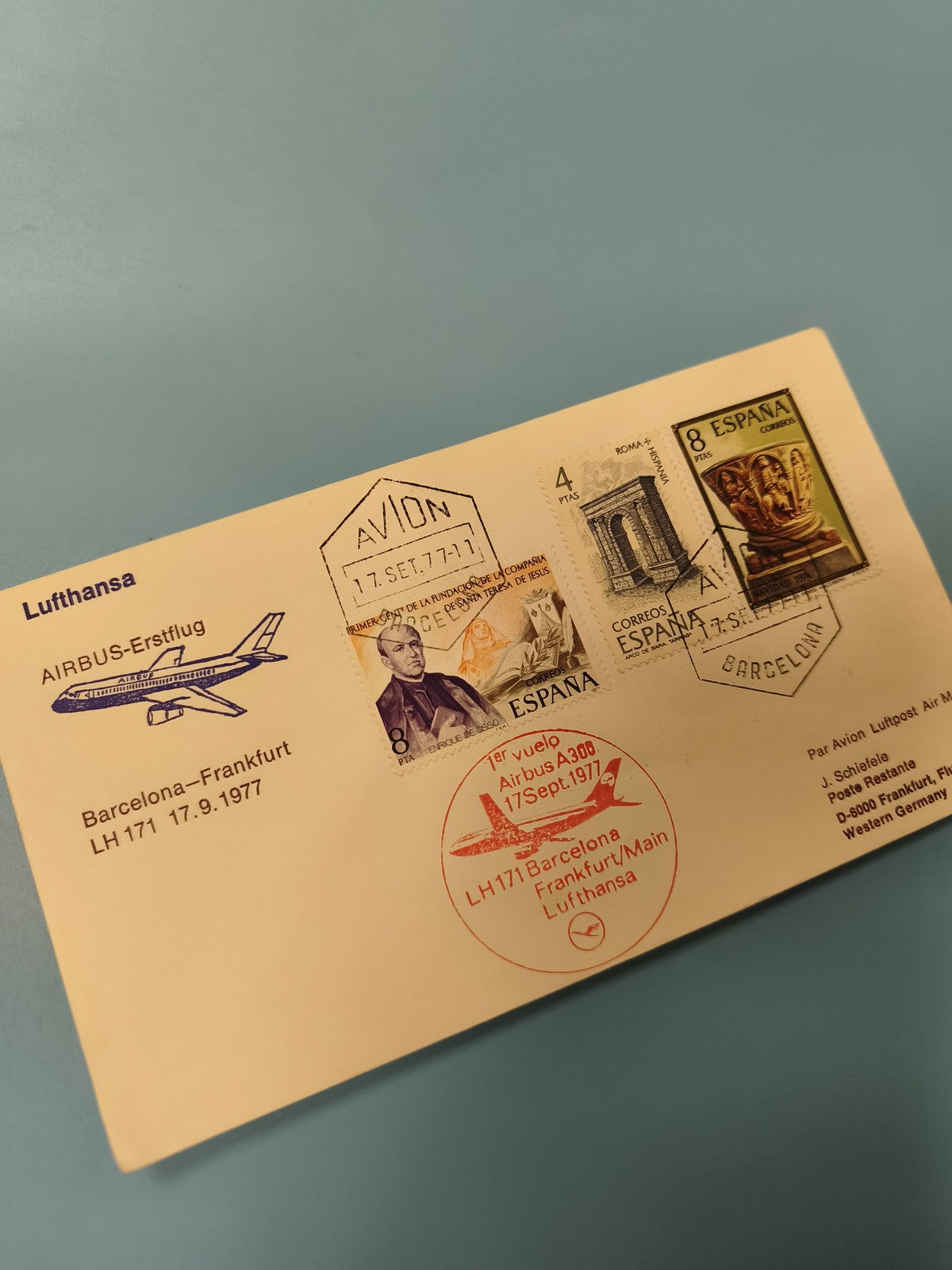 Ancienne enveloppe premier vol Airbus A300 Espagne 1977 oblitérée philatélie