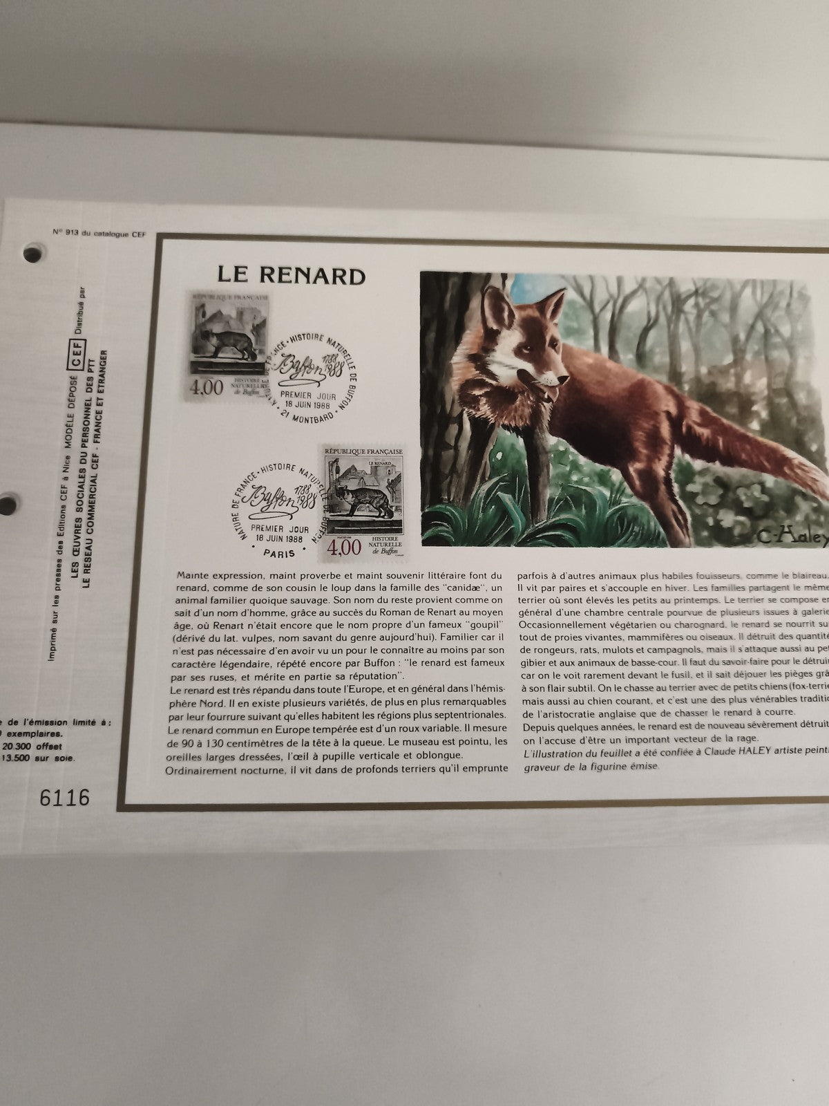 Feuillet philatélique CEF Le Renard 1988 timbres 4,00 F illustration Claude Hale