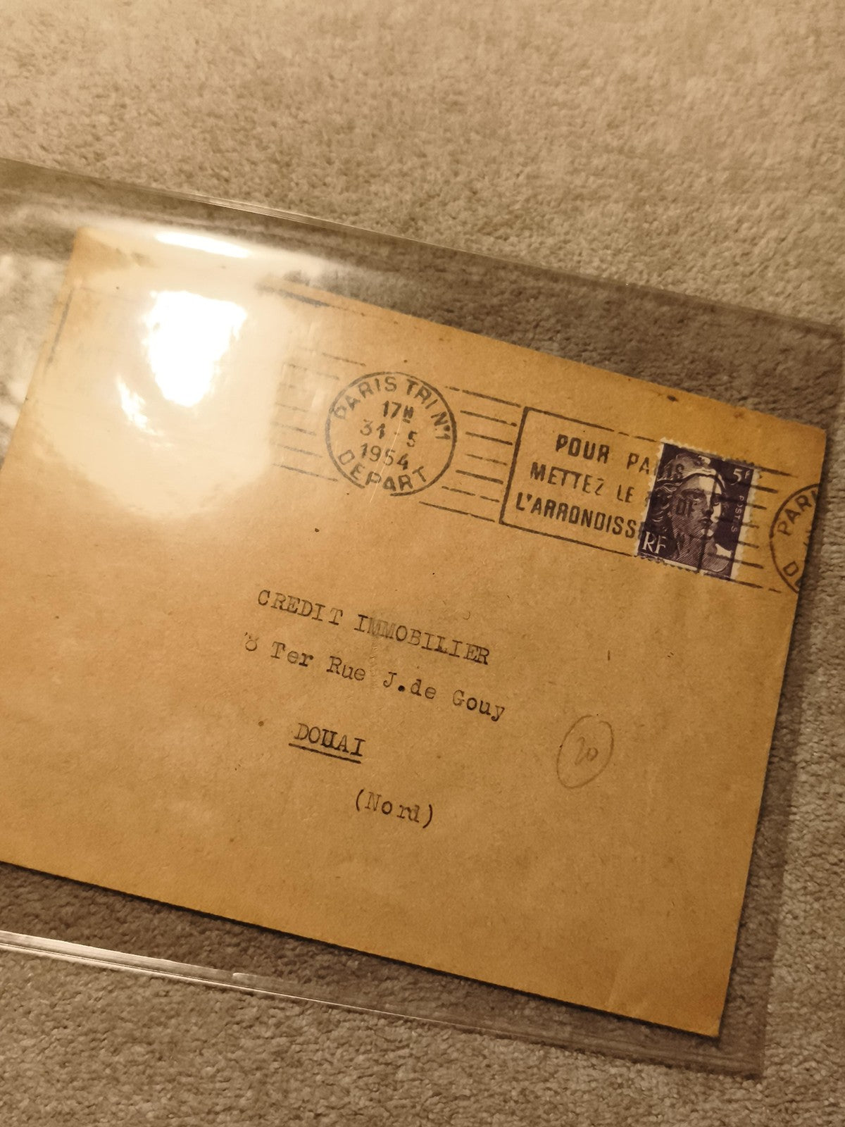Lettre oblitérée Paris 1954 Crédit Immobilier Douai affranchissement philatélie