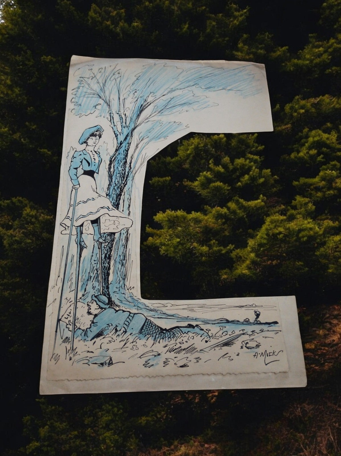 Illustration satirique signée A. Mick, dessin humoristique vintage XXe