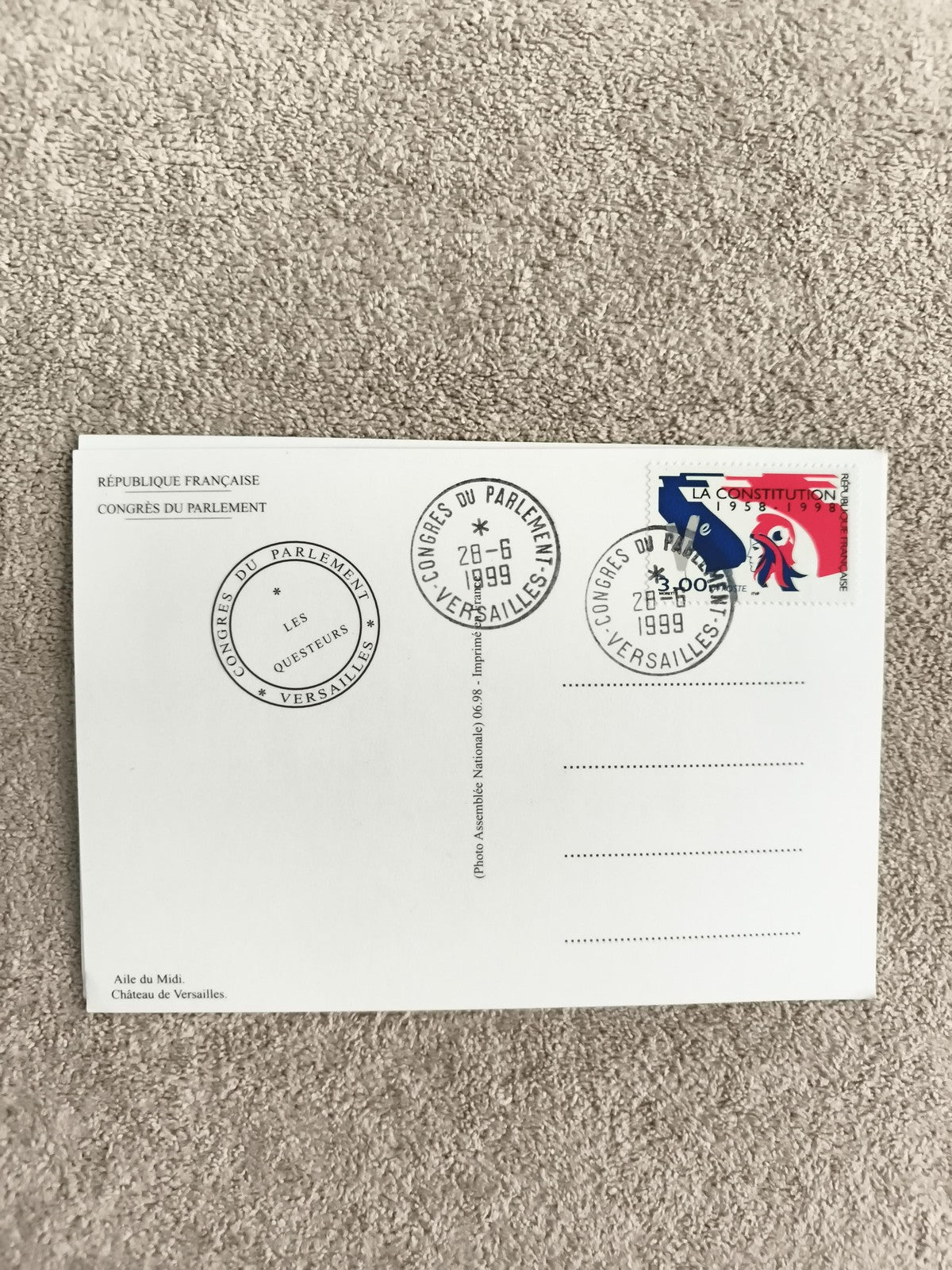 Carte postale Congrès Parlement Versailles 1999 timbre Constitution philatélie