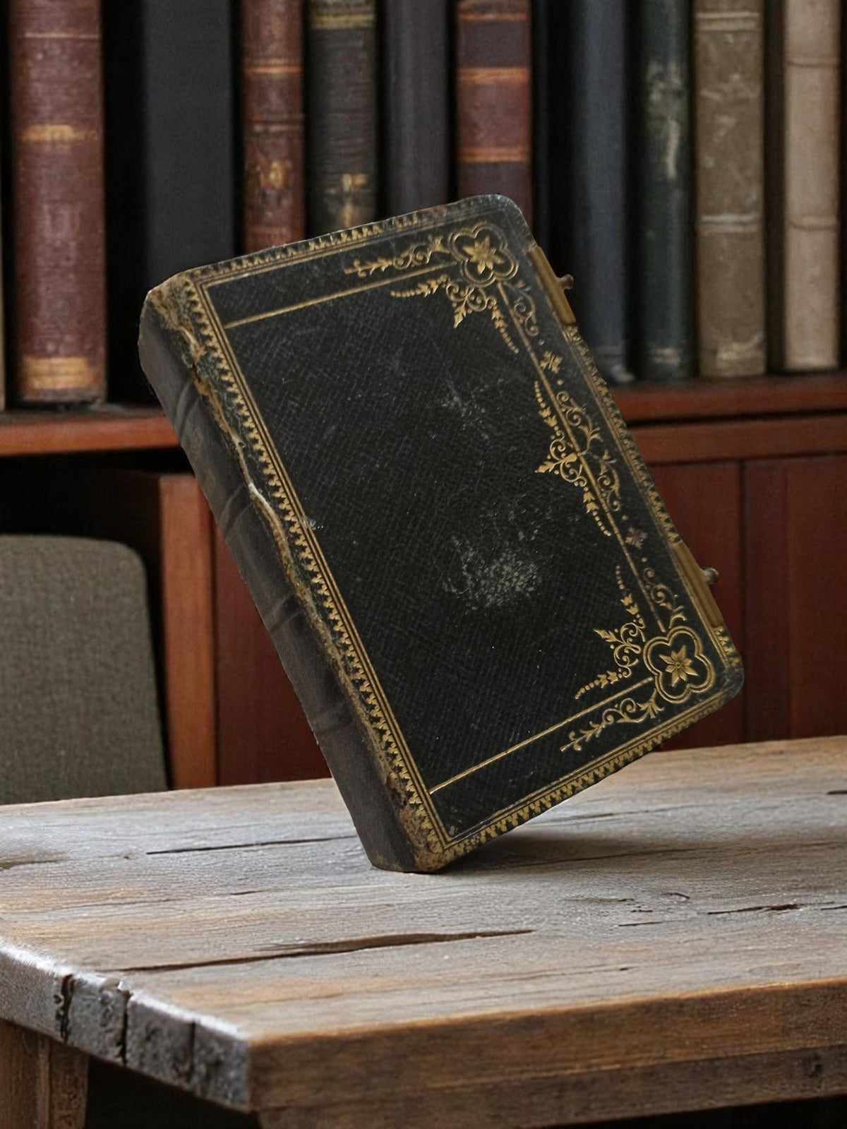 Vintage religious ancient missal in black gilt leather binding with floral decoration