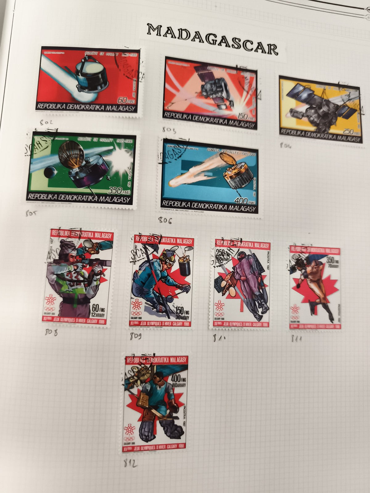 Timbres Madagascar oblitérés science sport 1980s Jeux Olympiques Calgary