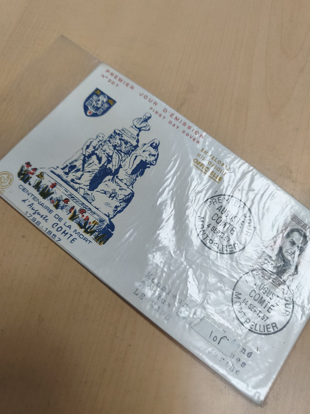 Enveloppe Premier Jour Auguste Comte Montpellier 1957 philatélie FDC