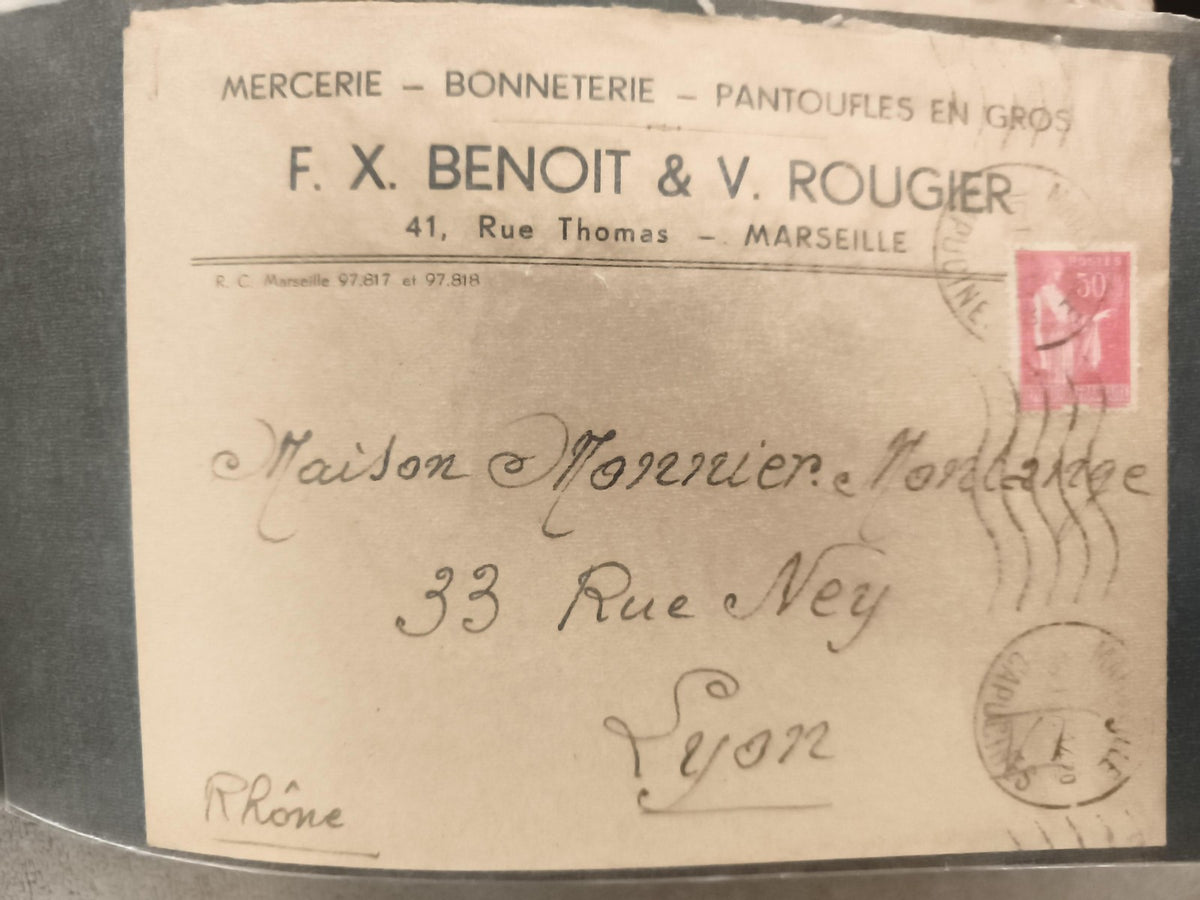 Lettre ancienne F.X. Benoit V. Rougier Marseille Lyon timbre 50c philatélie
