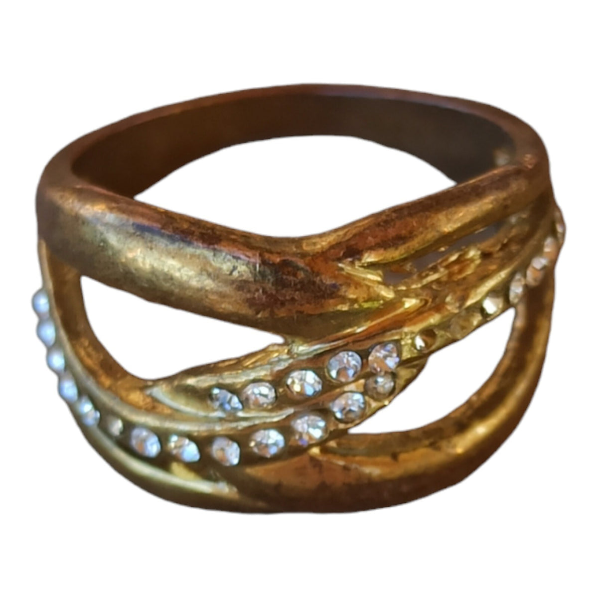 Gold-tone rhinestone costume ring, size 54, wide textured band