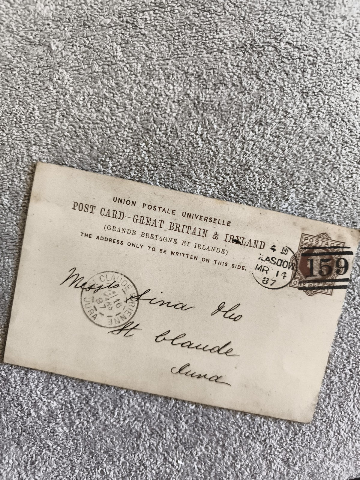 Carte postale CPA GB Ireland 1887 oblitérée timbre 15d St Claude Jura